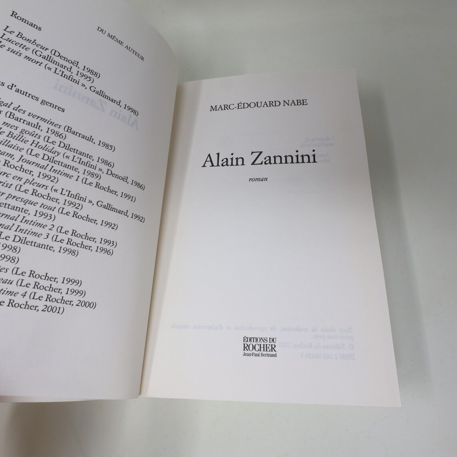2002 Alain Zannini Marc-Édouard Nabe Du Rocher Français PB Littérature Française