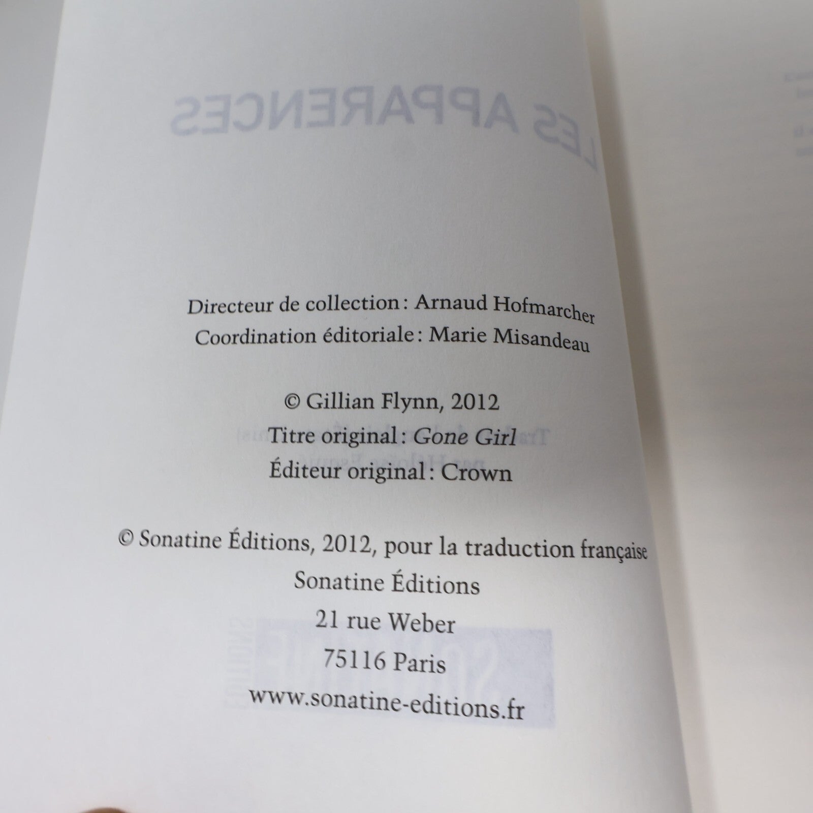 2012 Les Apparences Gillian Flynn Crime Mystère Thriller Sonatine Français Livre