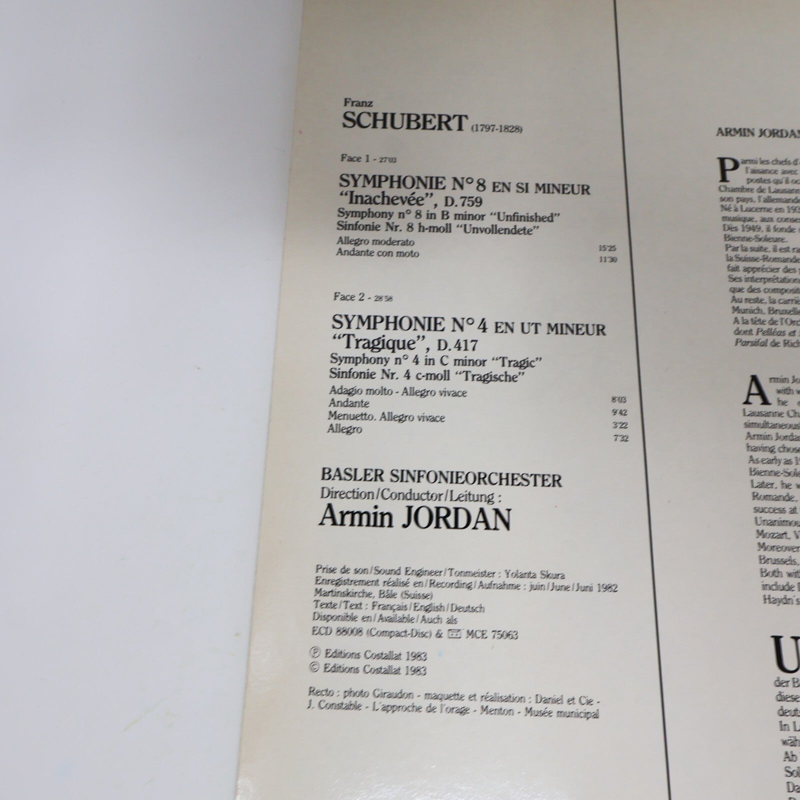 Schubert Basler Sinfonieorchester Armin Jordan Symphonie #8 4 Record NUM 75063