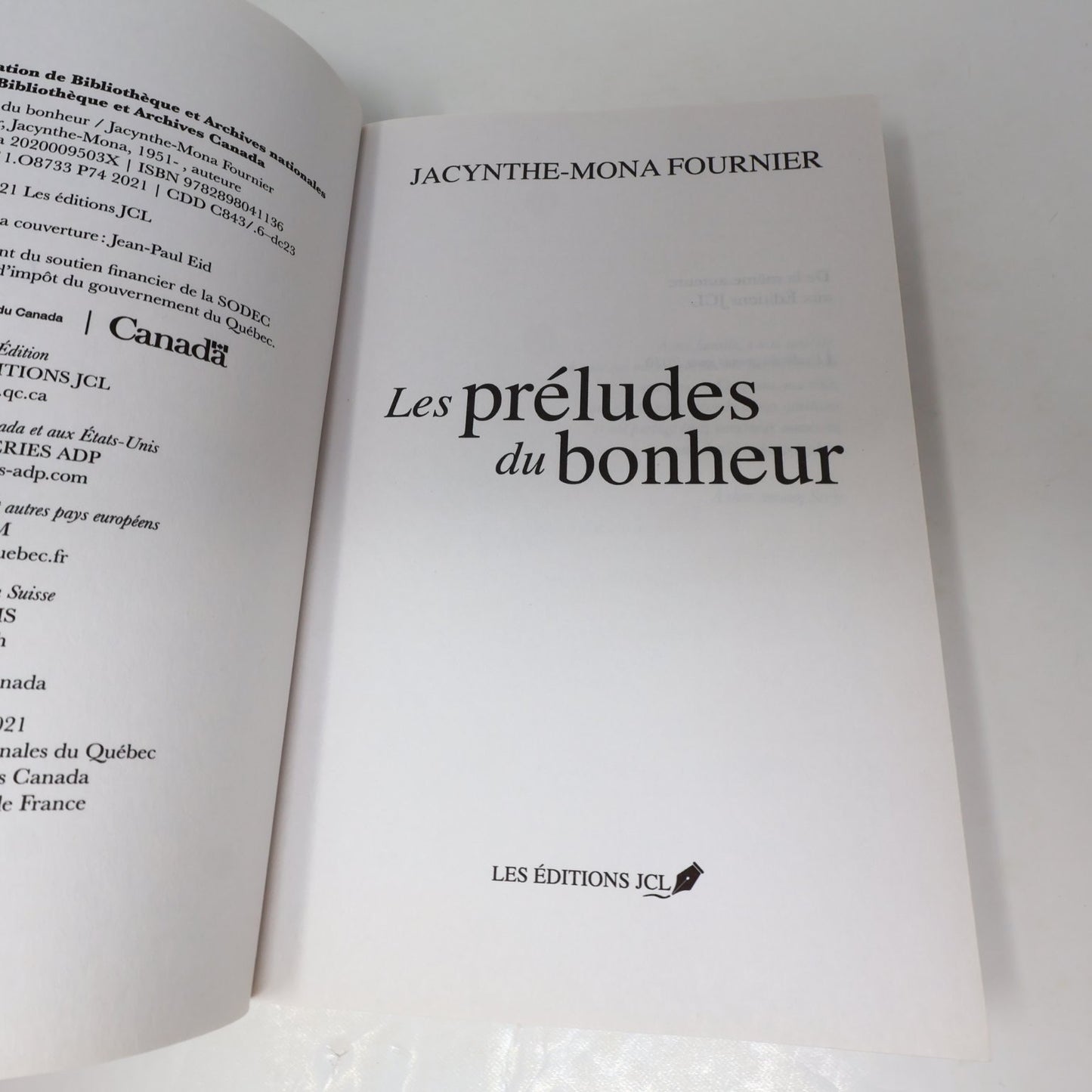 Les préludes du bonheur Jacynthe-Mona Fournier 2021 Roman Éditions JCL Francais