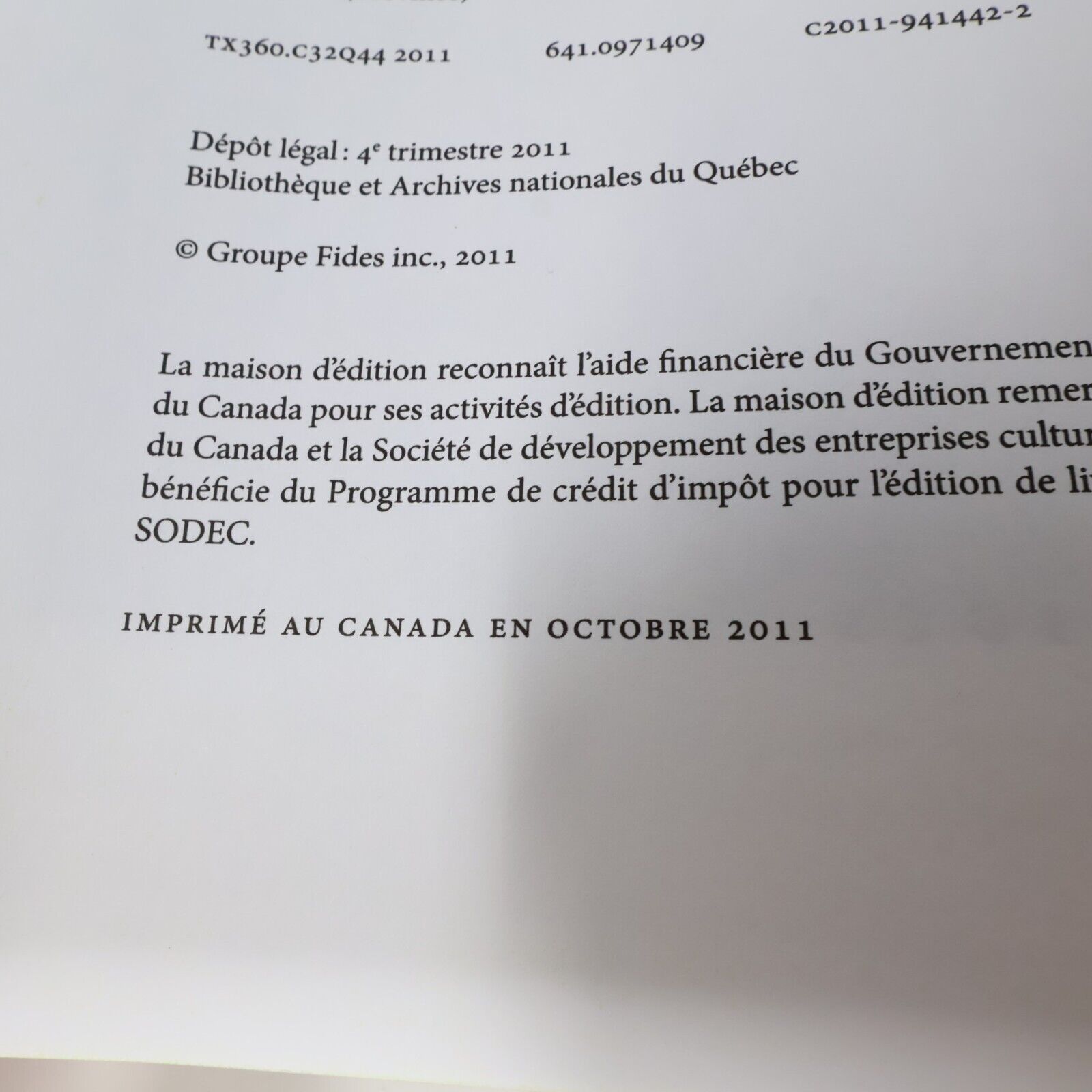 2011 Genèse de la Cuisine Québécoise à Travers ses Histoires Fides Français HC