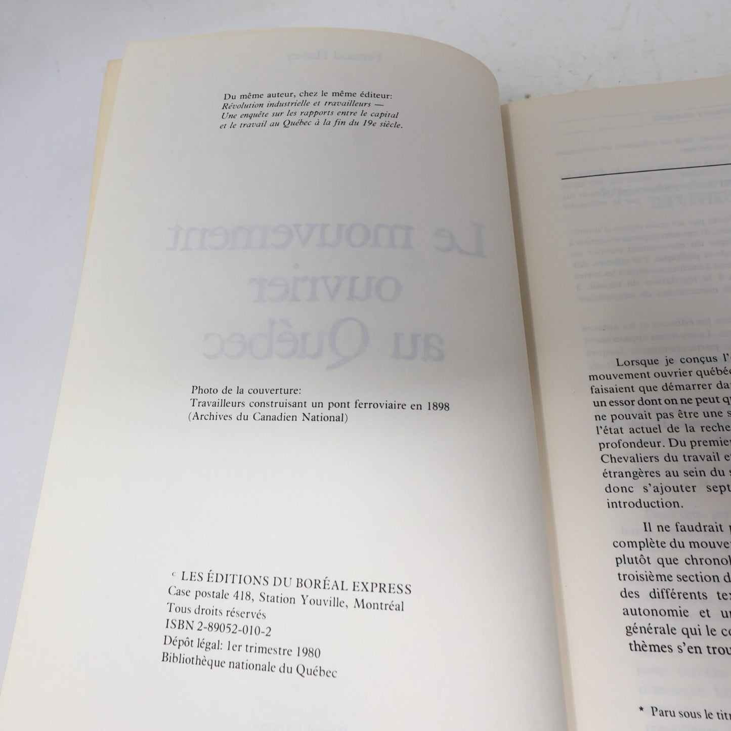 1980 Le Mouvement Ouvrier au Québec Fernand Harvey Boréal Syndicalisme Histoire