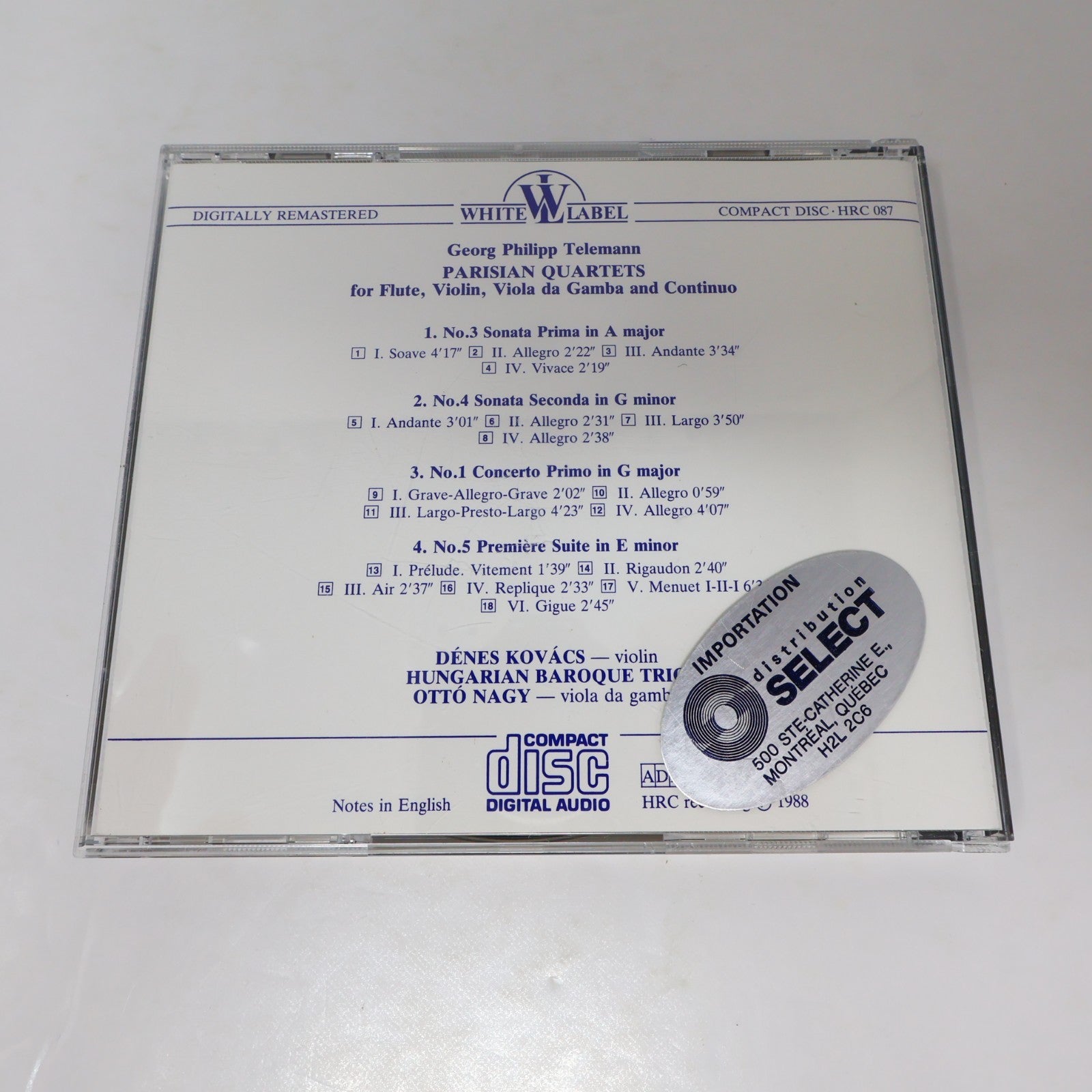 Telemann Parisian Quartets for Flute/Violin/Viola/Continuo CD Kovács/Ottó Nagy