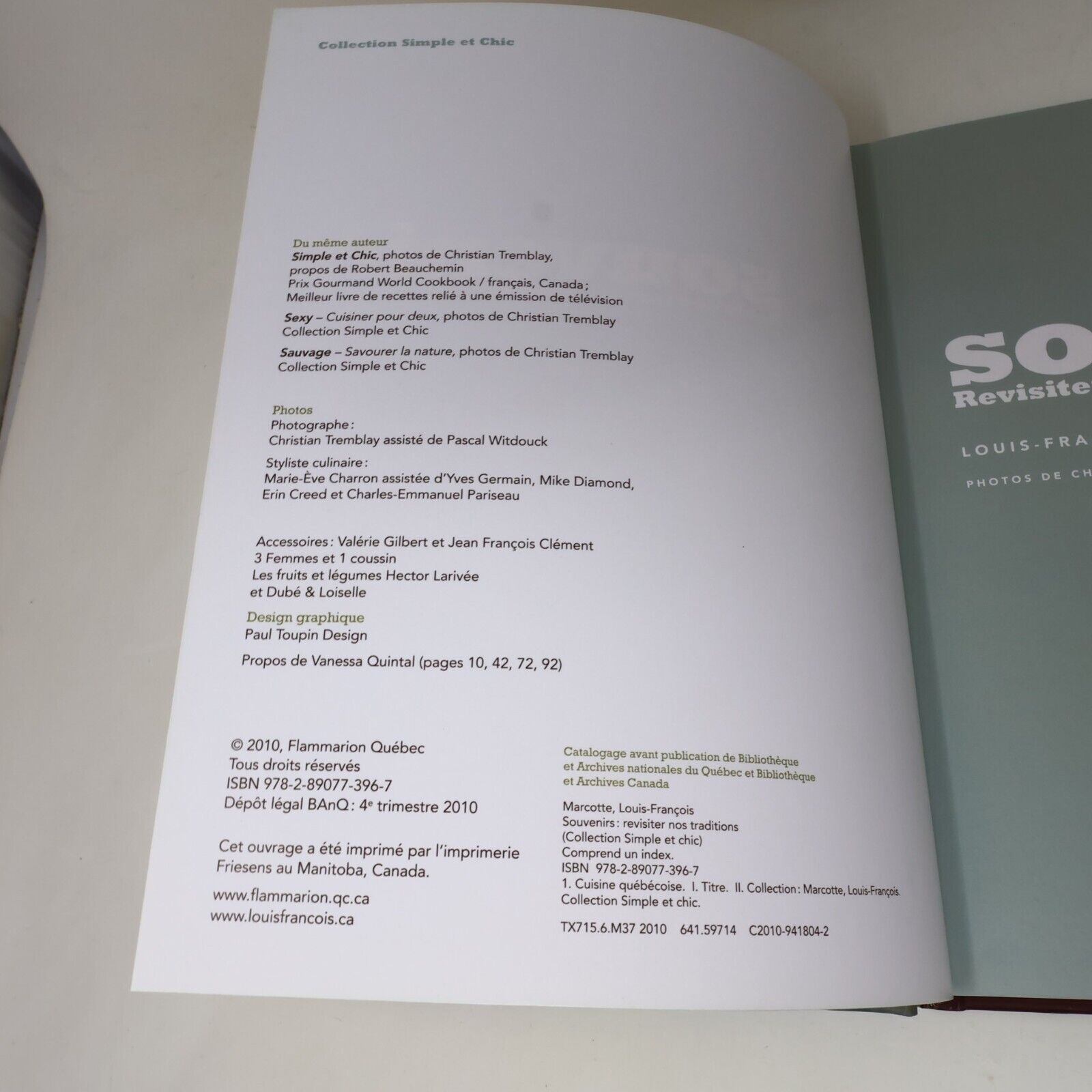 2010 Souvenirs Revisiter Nos Traditions de Louis-François Marcotte Cuisine Livre