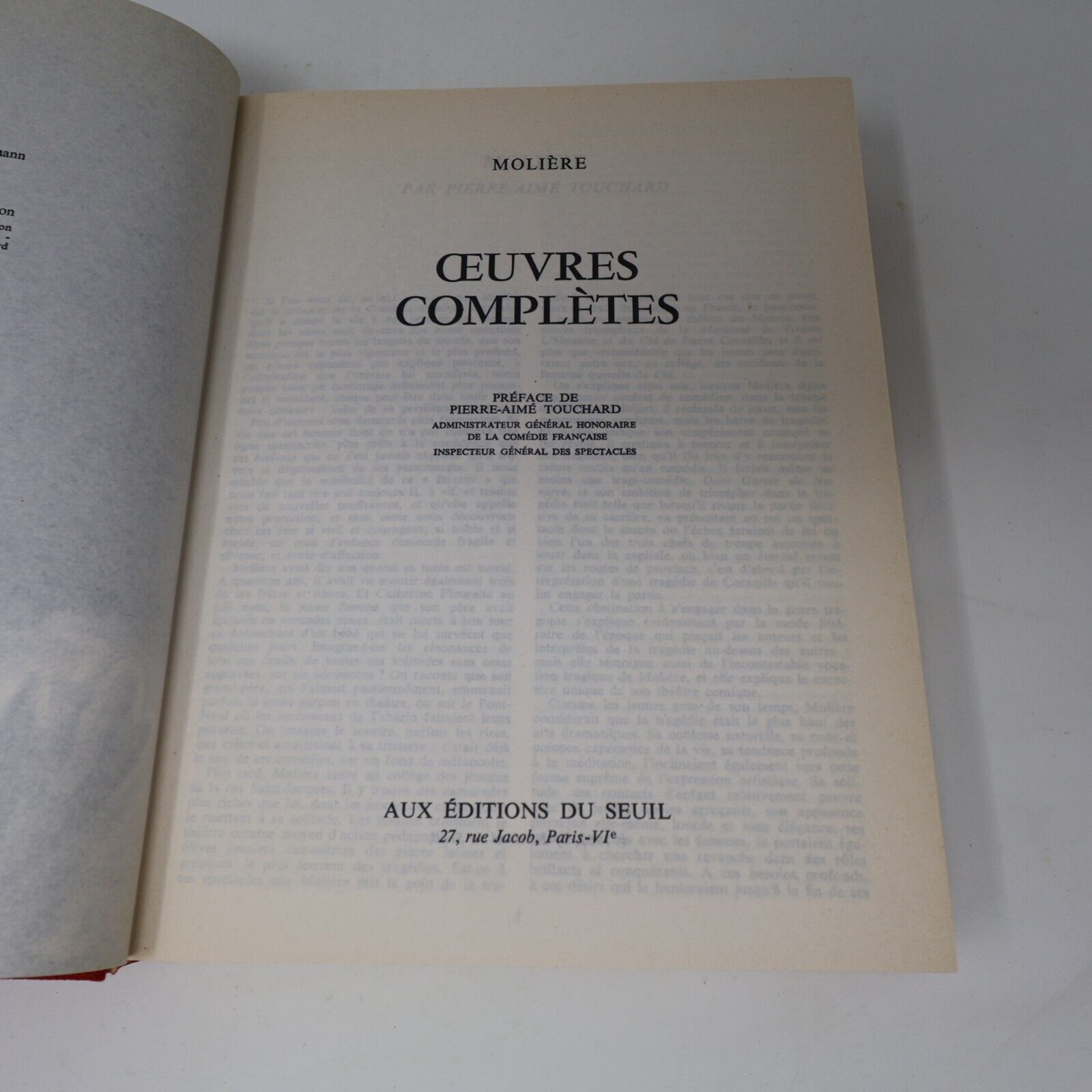 1964 L'Intégrale Molière Oeuvres Complètes de Jean-Baptiste Poquelin Seuil Livre