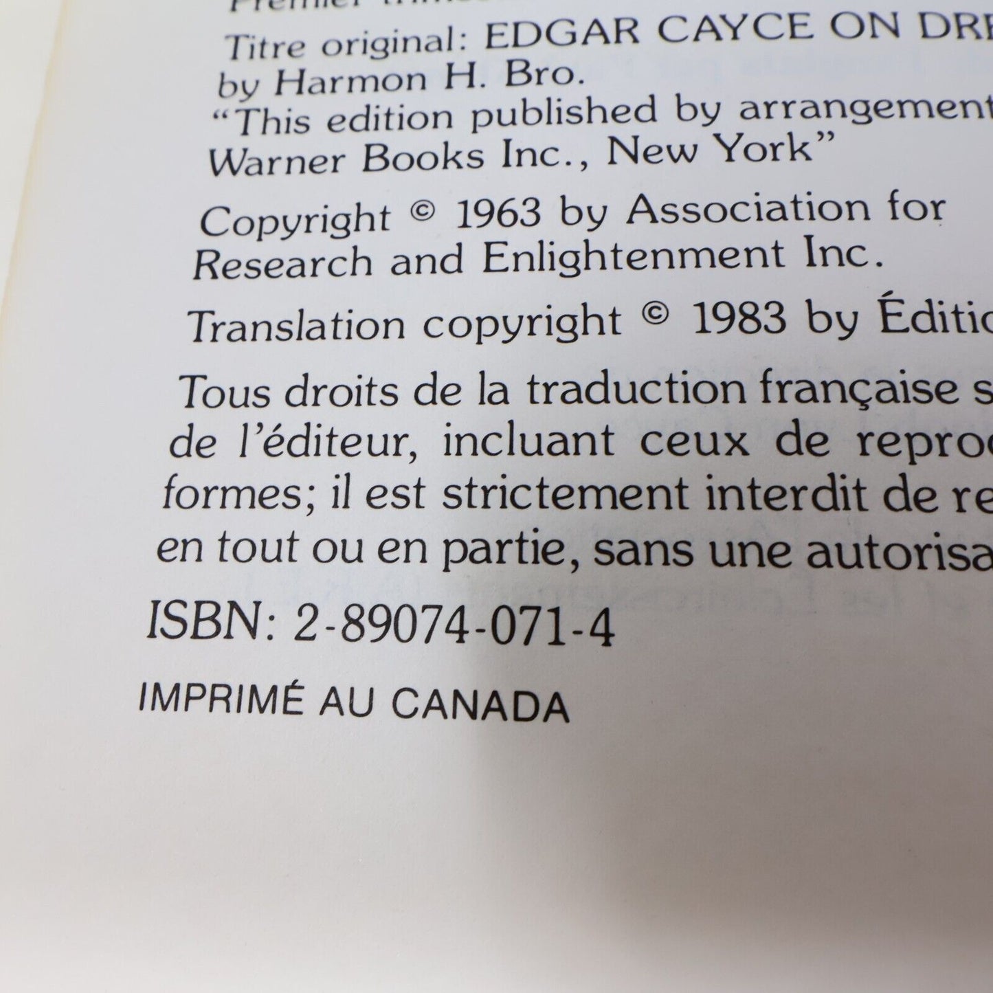 1983 Edgar Cayce les Rêves et la Réalité Harmon Hartzell Bro/Hugh Lynn Cayce PB