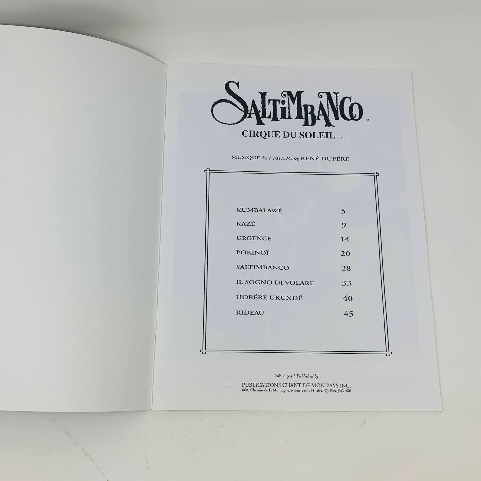 1993 Saltimbanco Cirque du Soleil Songbook Show Music René Dupéré Piano Vocal