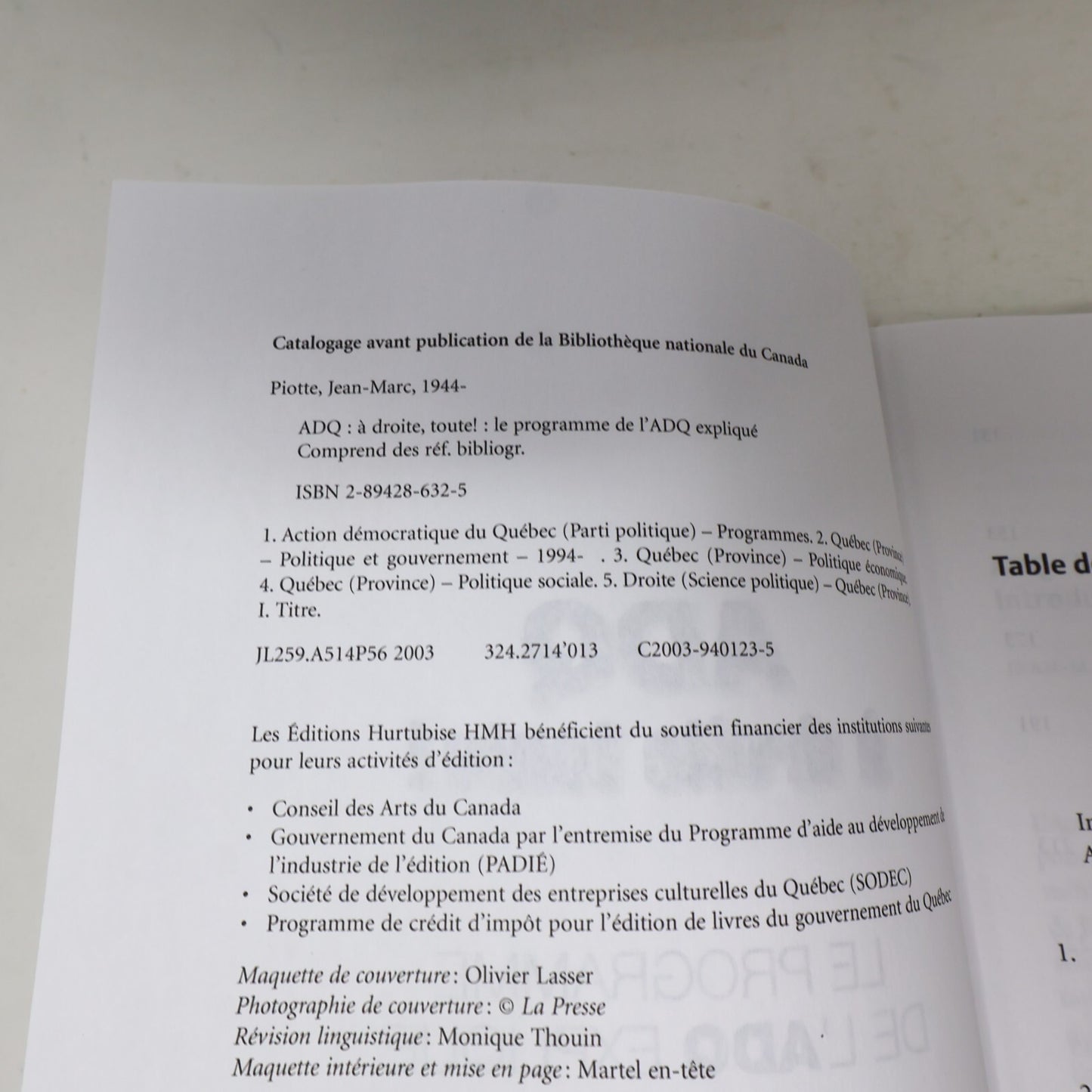 2003 Adq à Droite Toute! le Programme de l'Adq Expliqué Jean-Marc Piotte Hmh PB