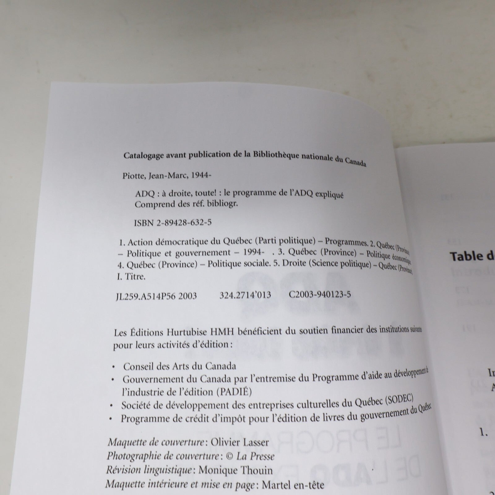 2003 Adq à Droite Toute! le Programme de l'Adq Expliqué Jean-Marc Piotte Hmh PB