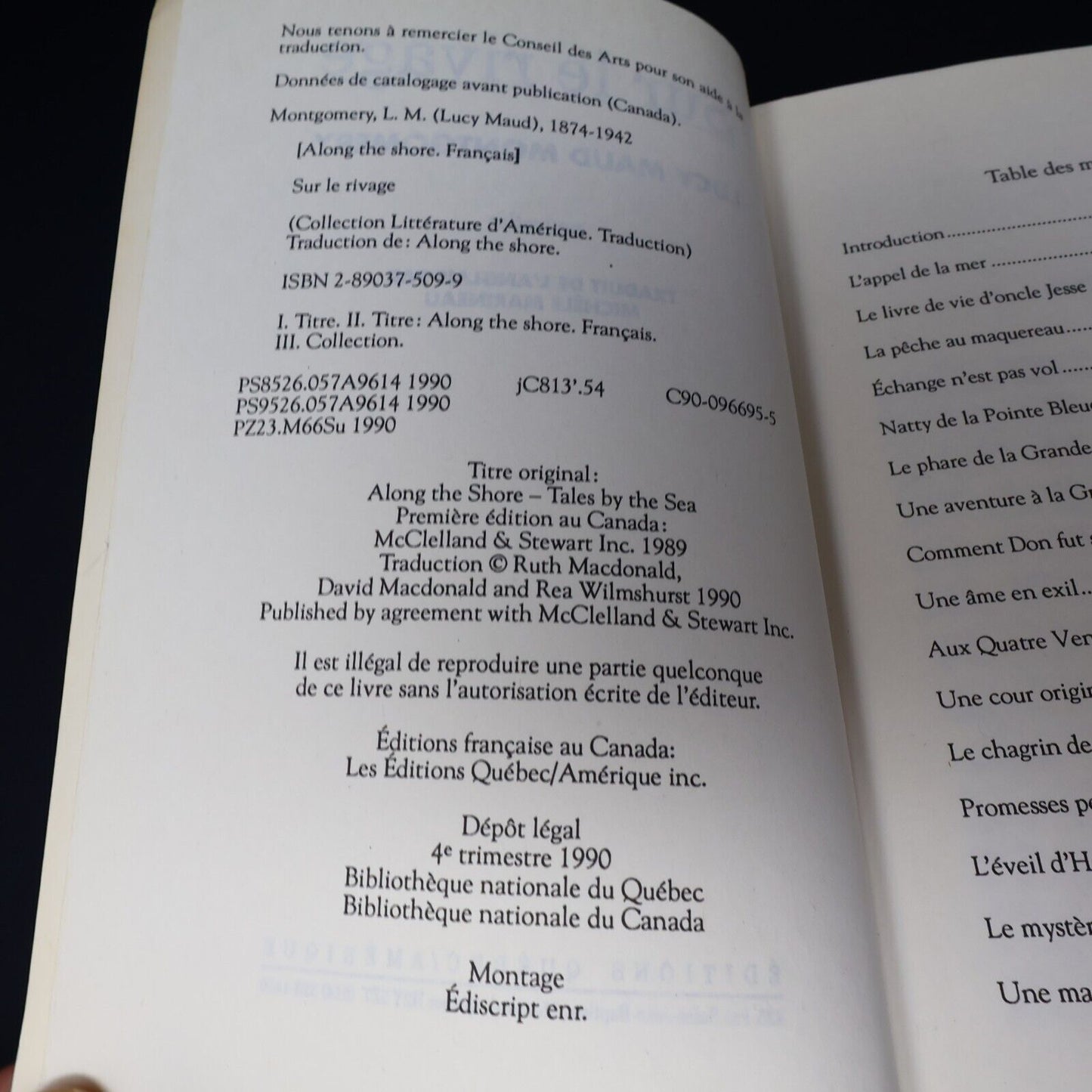 1990 Sur le Rivage de Lucy Maud Montgomery Roman Québec Amérique Français Livre