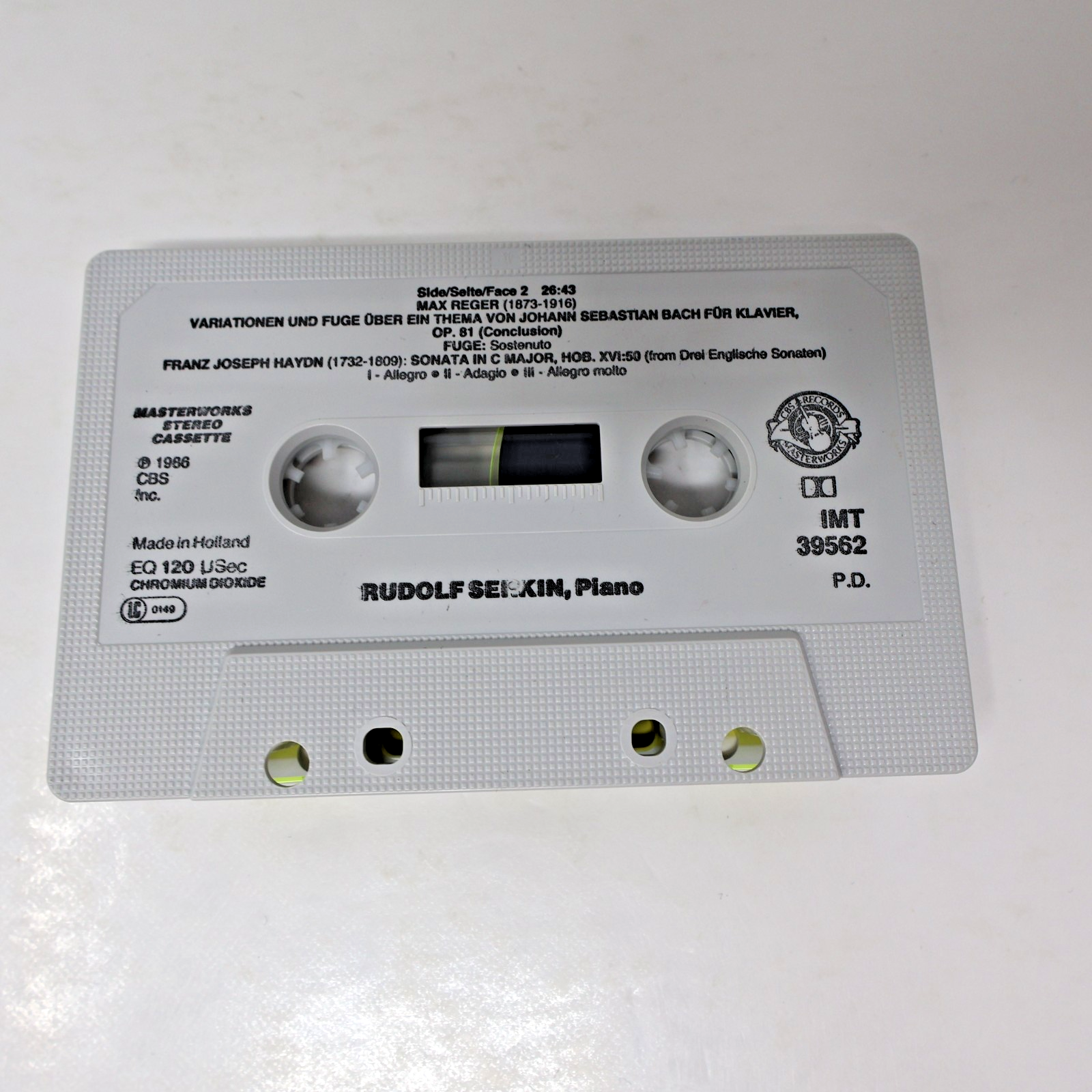 Reger/Haydn Rudolf Serkin Piano Cassette Bach Variation & Fugue/Sonata IMT 39562