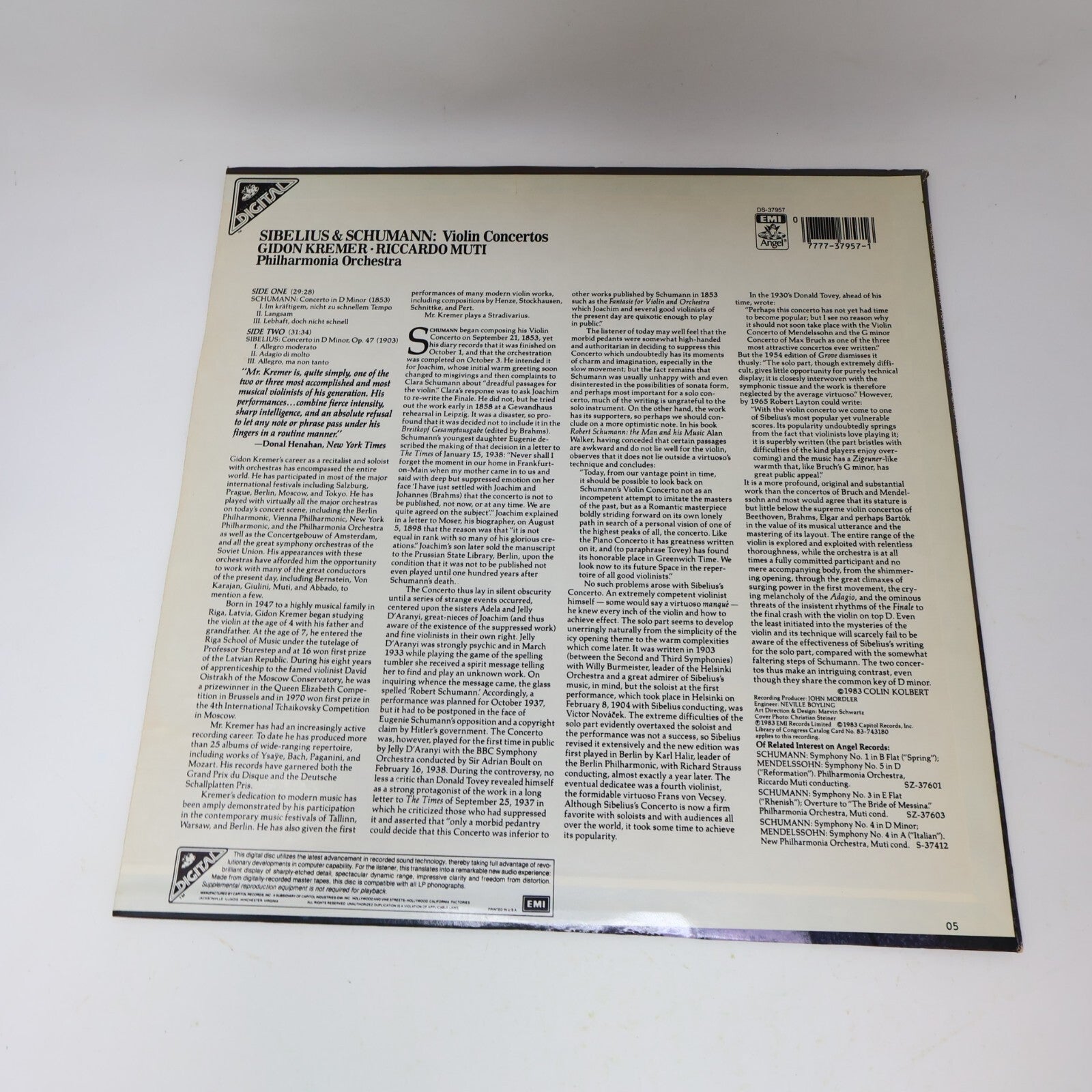 Gidon Kremer Riccardo Muti Sibelius Schumann Violin Concerto Record DS-37957