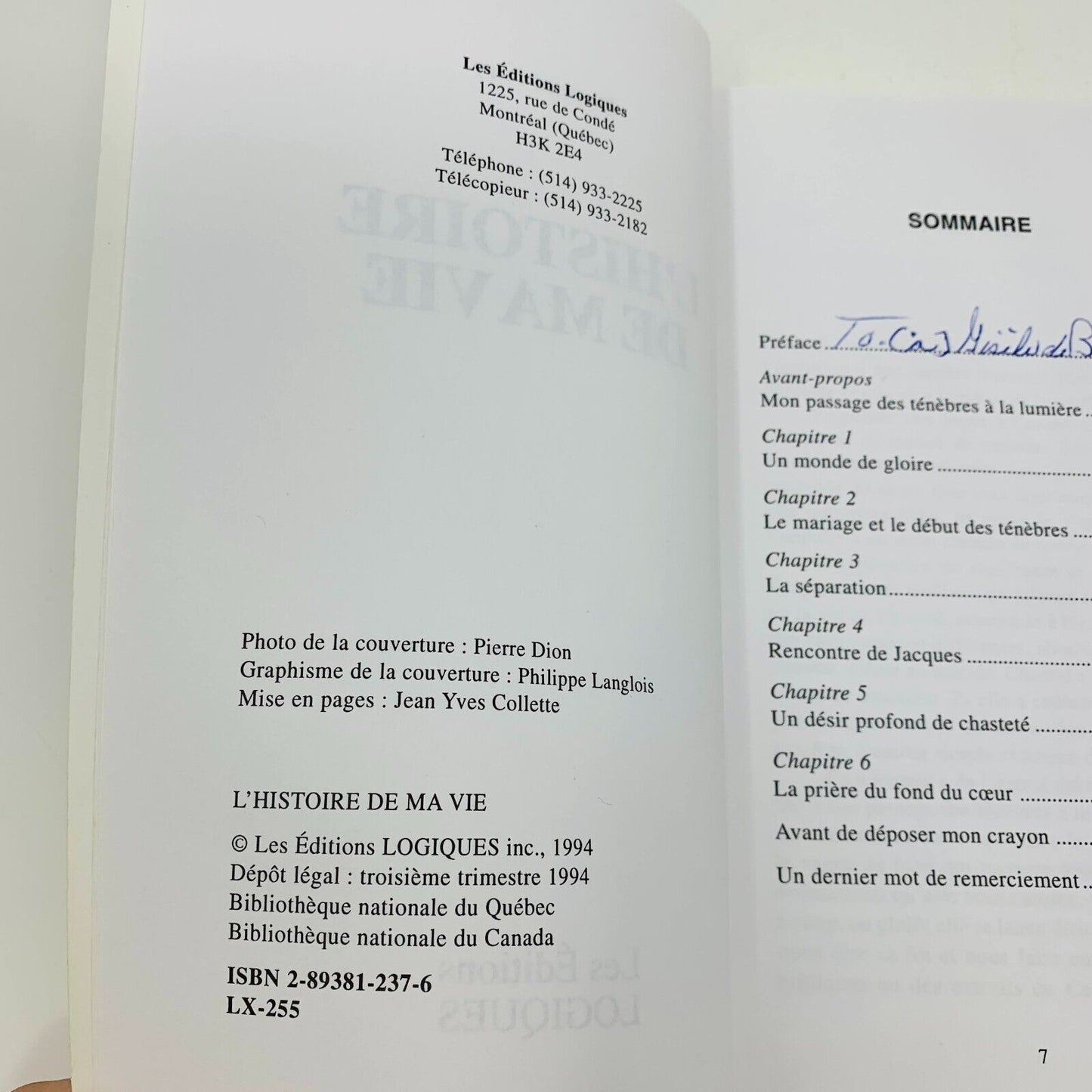 1994 Chantal Pary L'Histoire de ma Vie Livre Signé Éditions Logiques Biographie