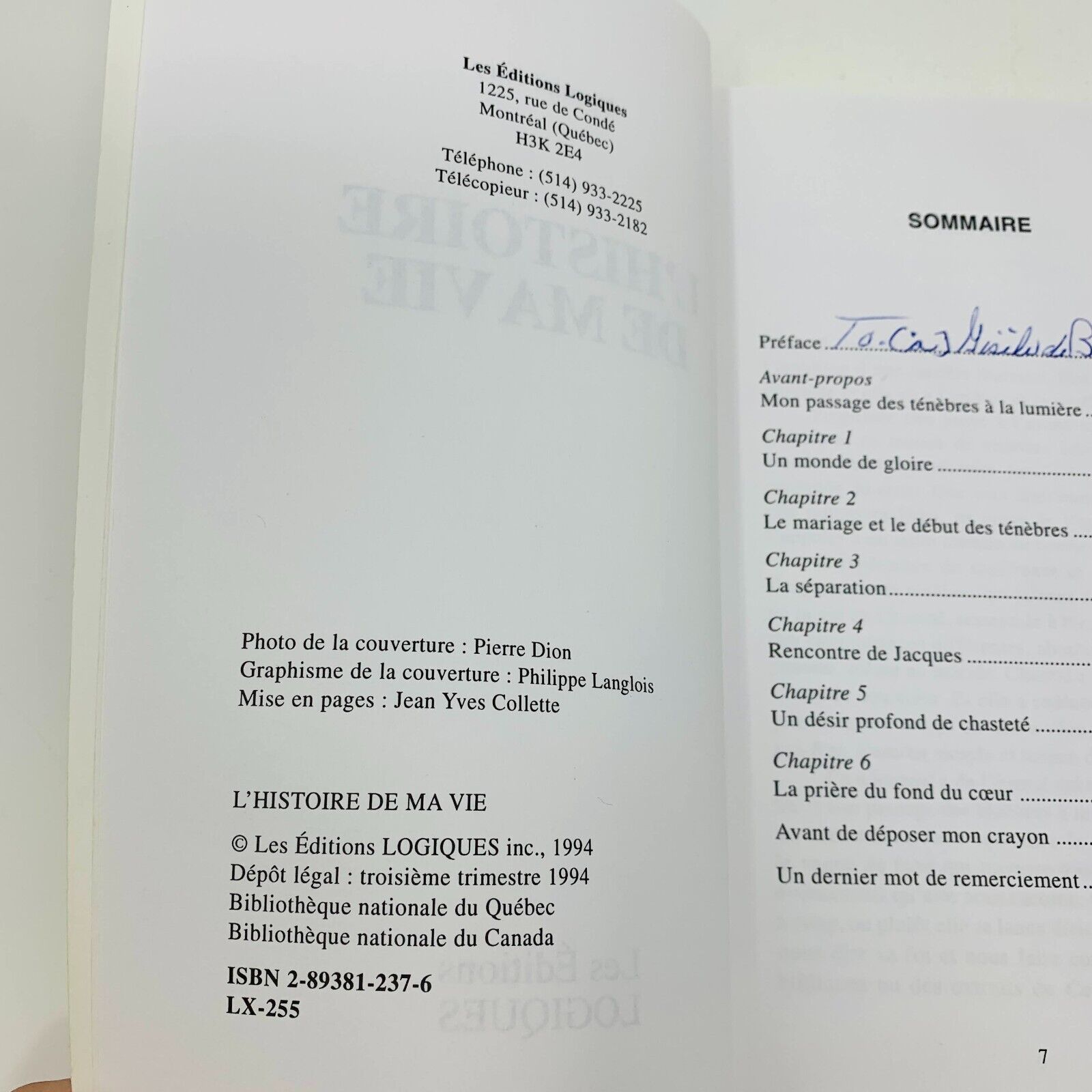 1994 Chantal Pary L'Histoire de ma Vie Livre Signé Éditions Logiques Biographie