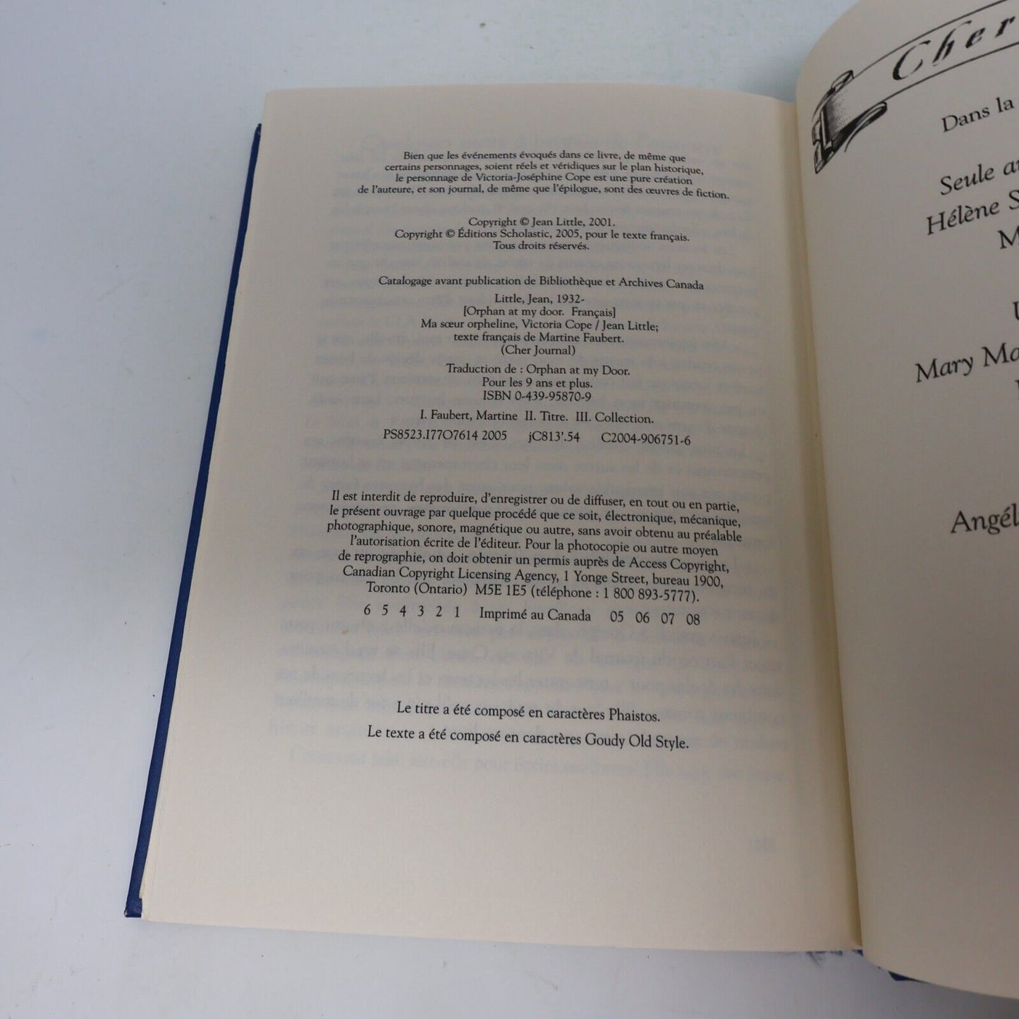 2005 Cher Journal Ma Soeur Orpheline Victoria Cope Guelph Ontario 1897 French