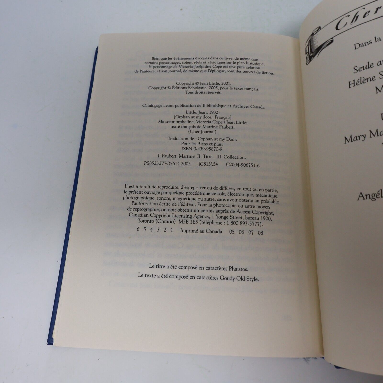 2005 Cher Journal Ma Soeur Orpheline Victoria Cope Guelph Ontario 1897 French