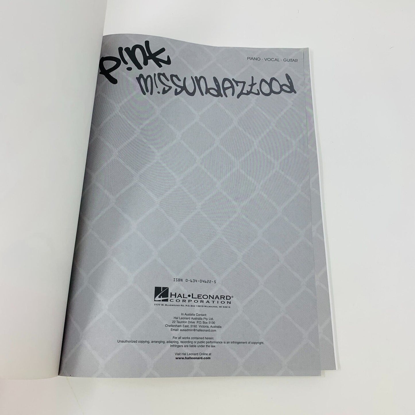 Pink Missundaztood Hal Leonard Songbook Sheet Music Piano Vocal Guitar Rock Pop
