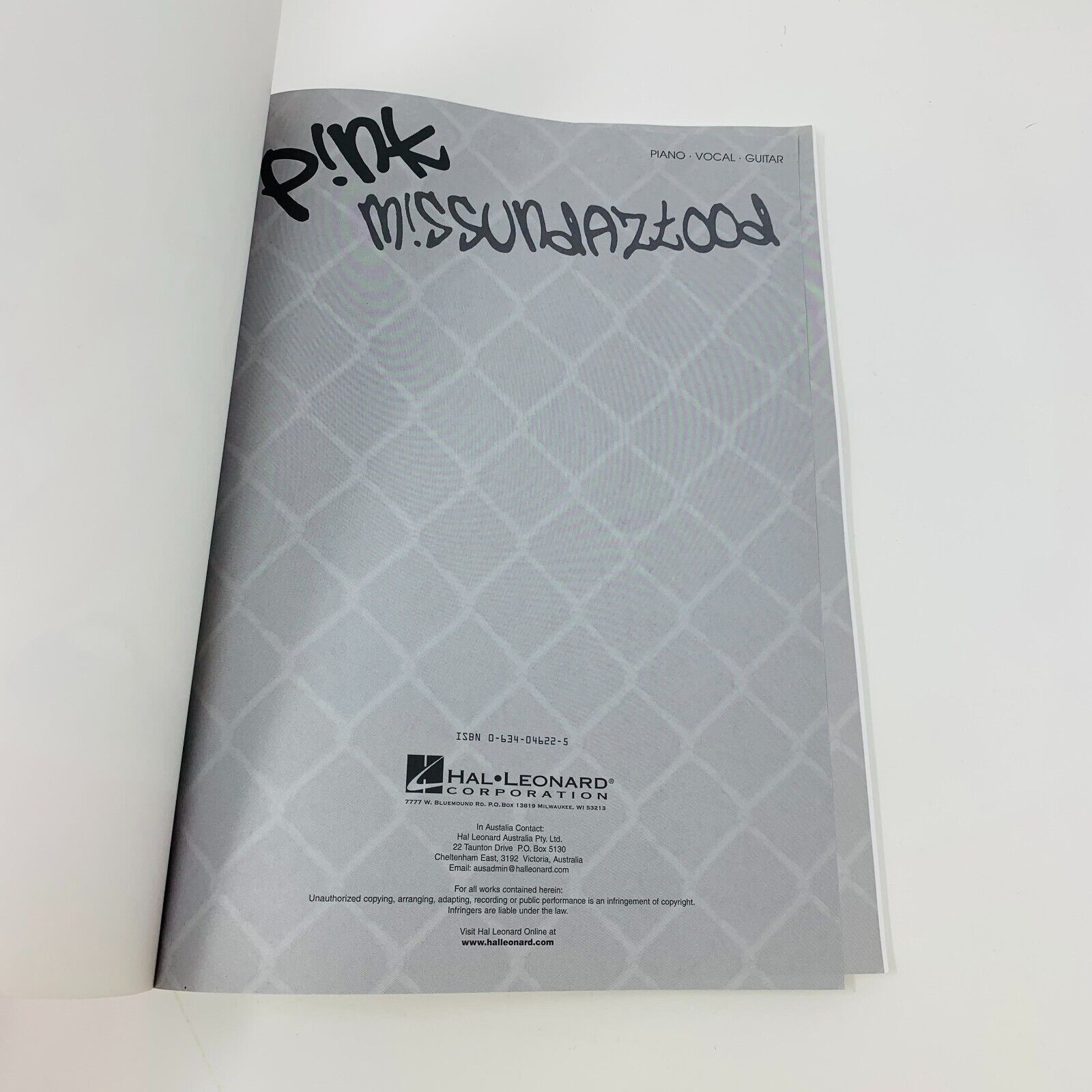 Pink Missundaztood Hal Leonard Songbook Sheet Music Piano Vocal Guitar Rock Pop