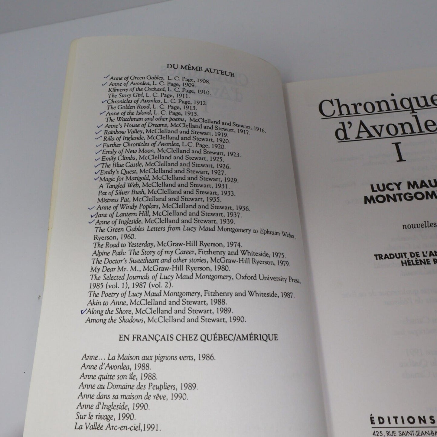 2006 Chroniques d'Avonlea #1 de Lucy Maud Montgomery Paperback PB Français Livre