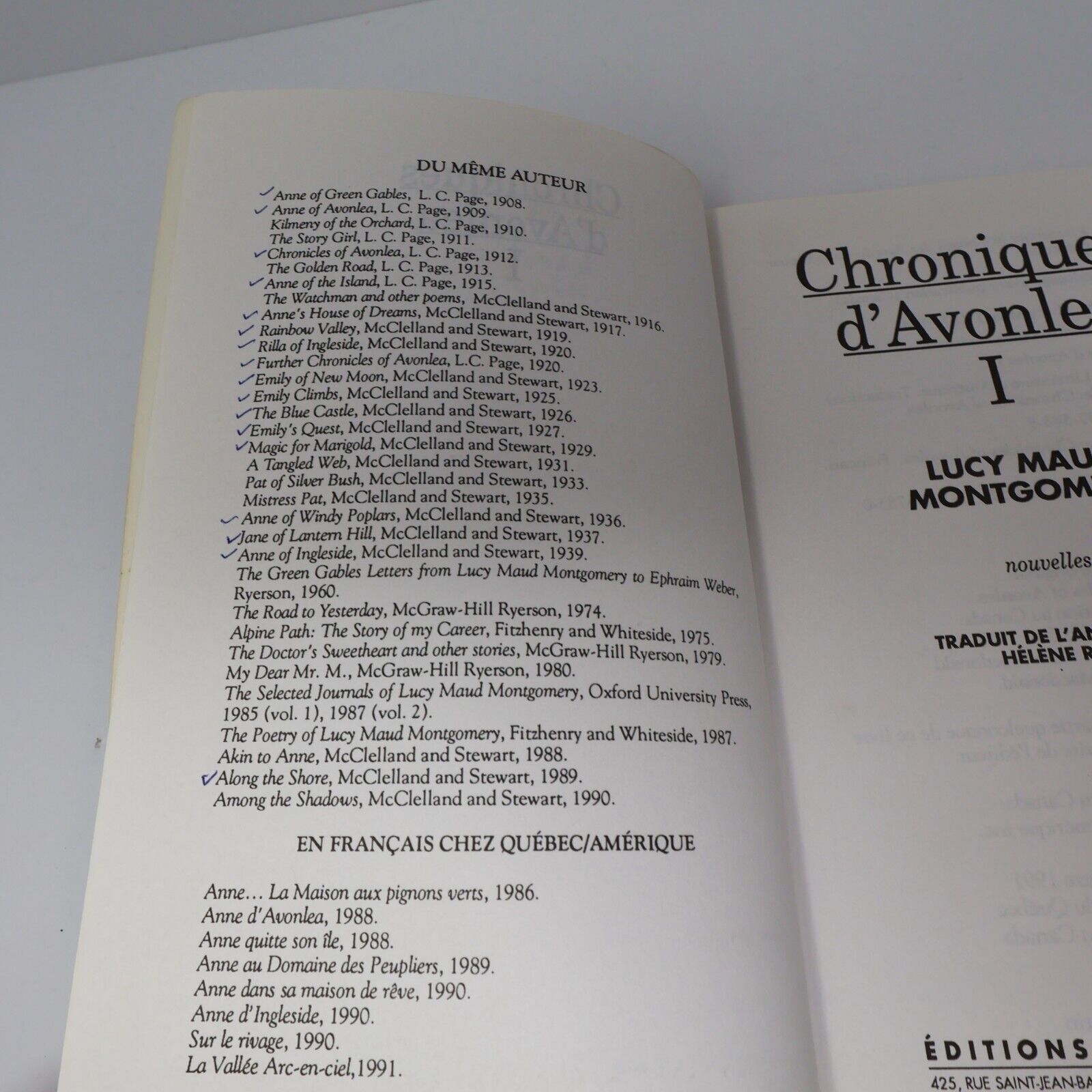 2006 Chroniques d'Avonlea #1 de Lucy Maud Montgomery Paperback PB Français Livre