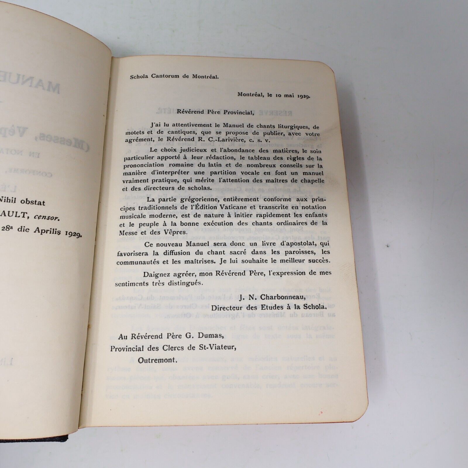 1929 Manuel de Chant Clercs de Saint Viateur Français Latin Hardcover Religion