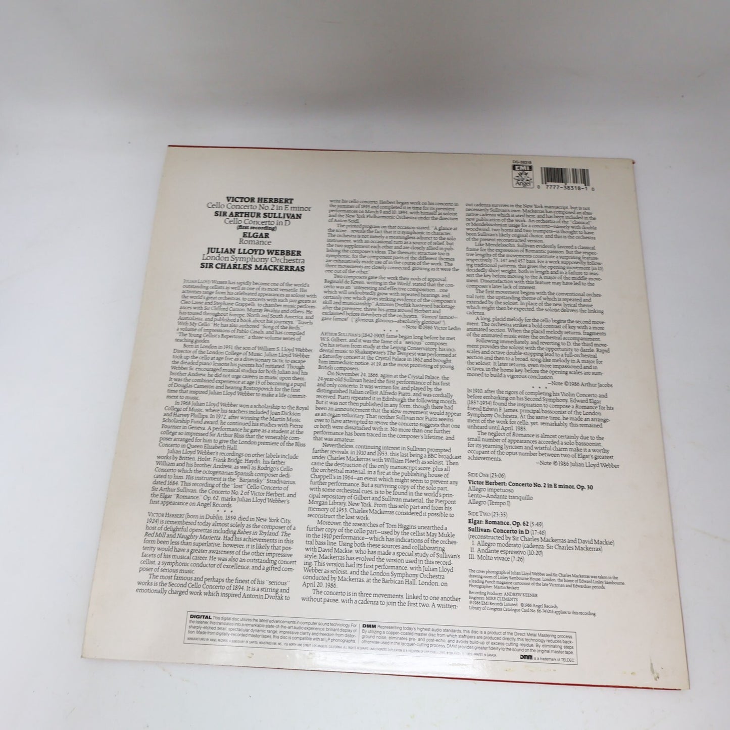 Julian Lloyd Webber Sir Arthur Sullivan Herbert Cello Elgar LP Record DS-38318