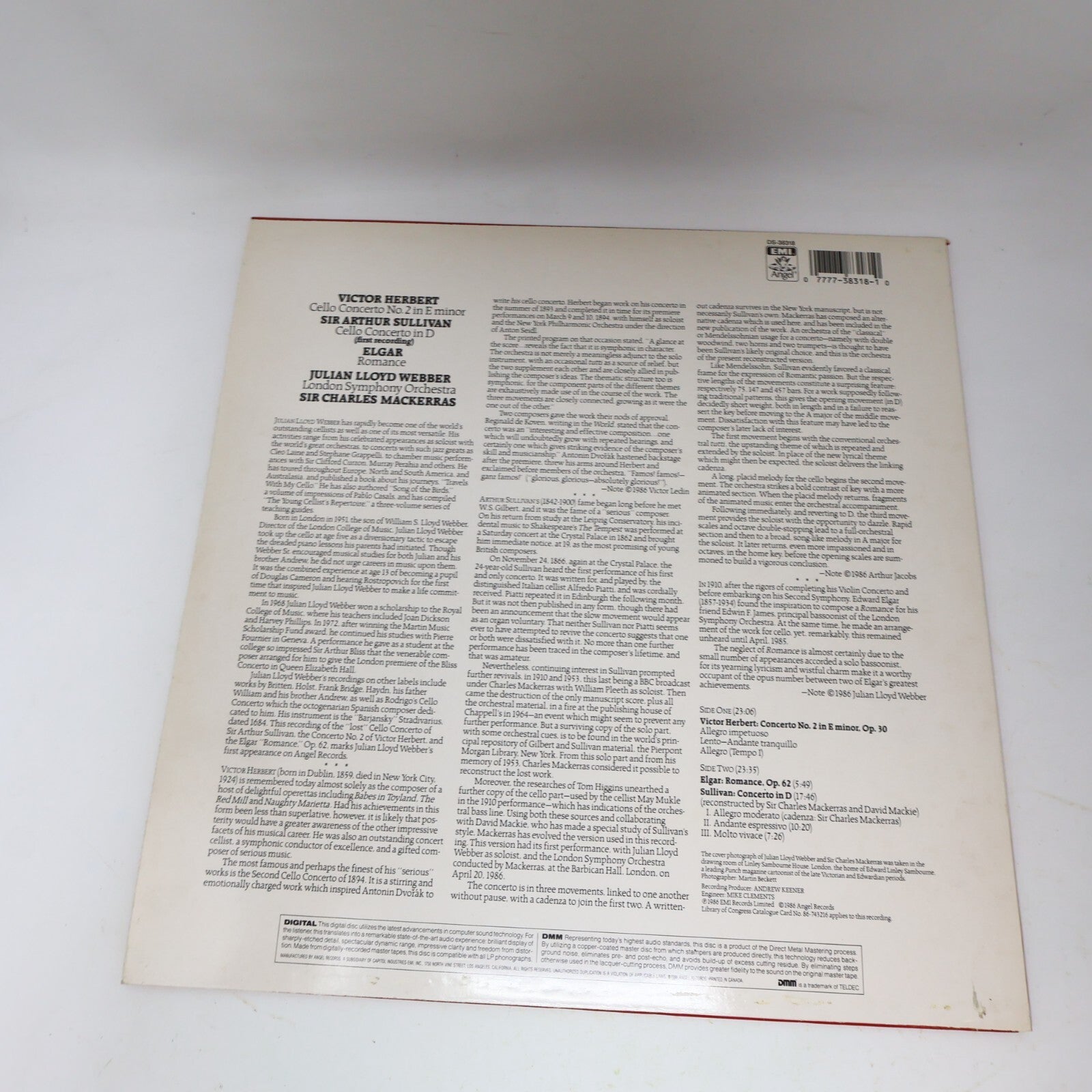 Julian Lloyd Webber Sir Arthur Sullivan Herbert Cello Elgar LP Record DS-38318