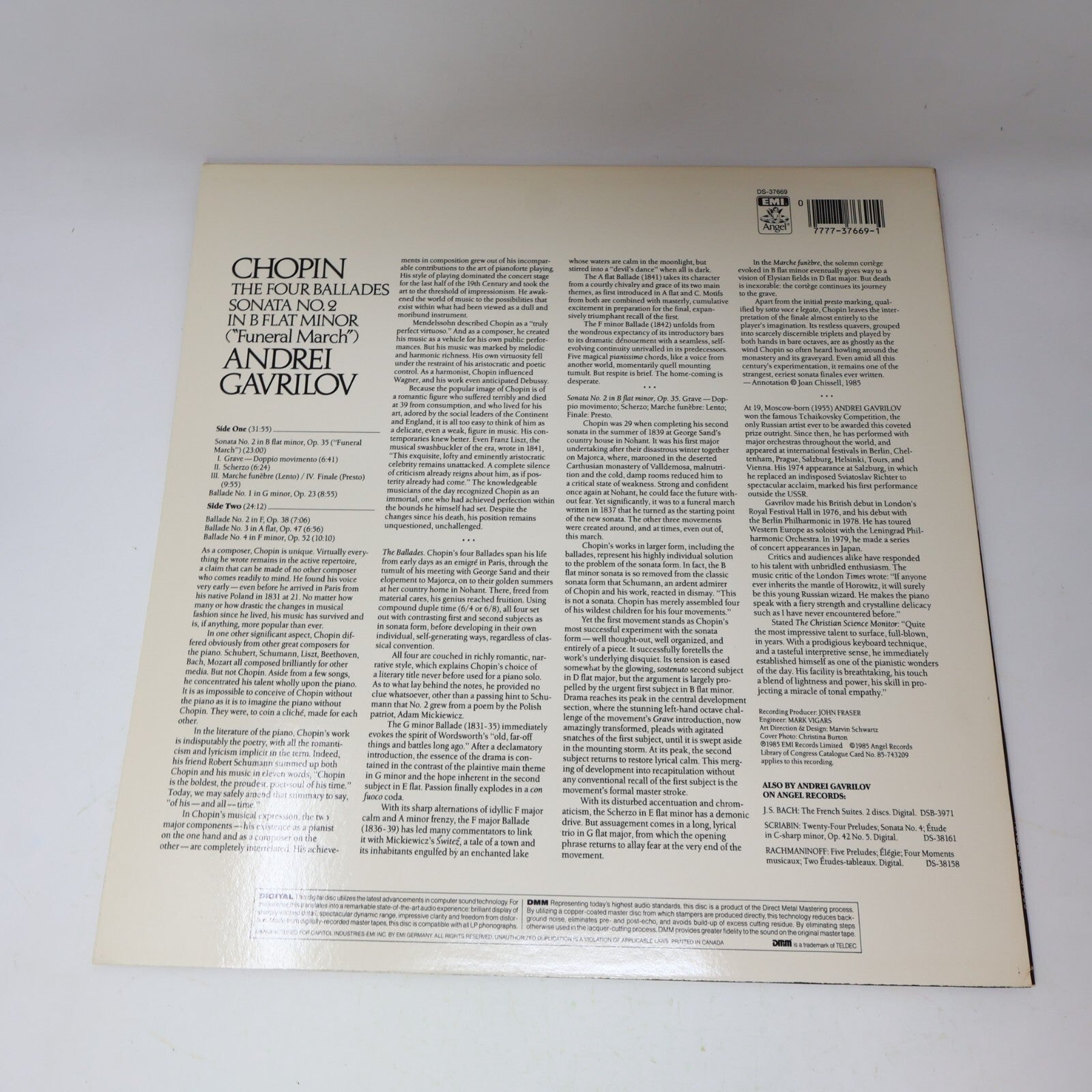 Chopin Andrei Gavrilov The Four Ballades Sonata #2 B Flat Minor Record DS-37669