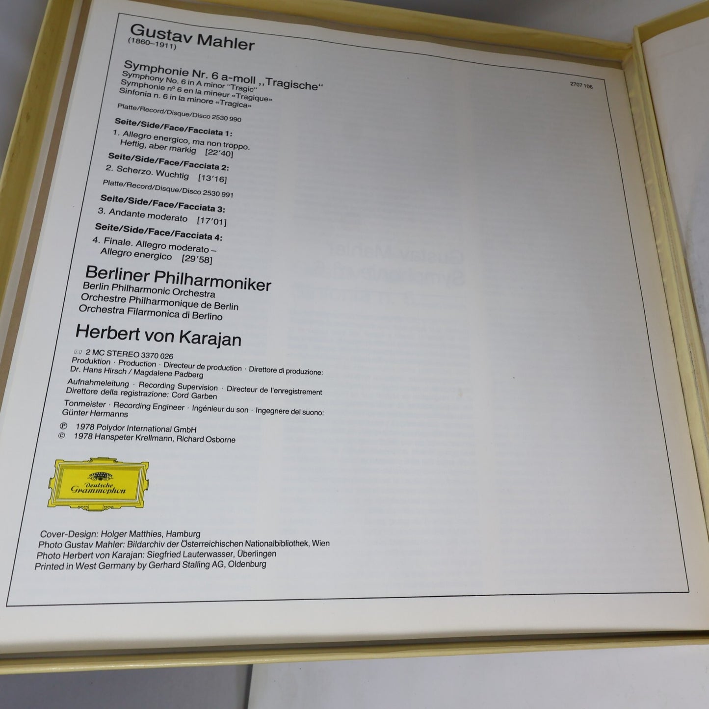 Herbert von Karajan Gustav Mahler Symphonie #6 Tragische 2x LP Record 2707 106