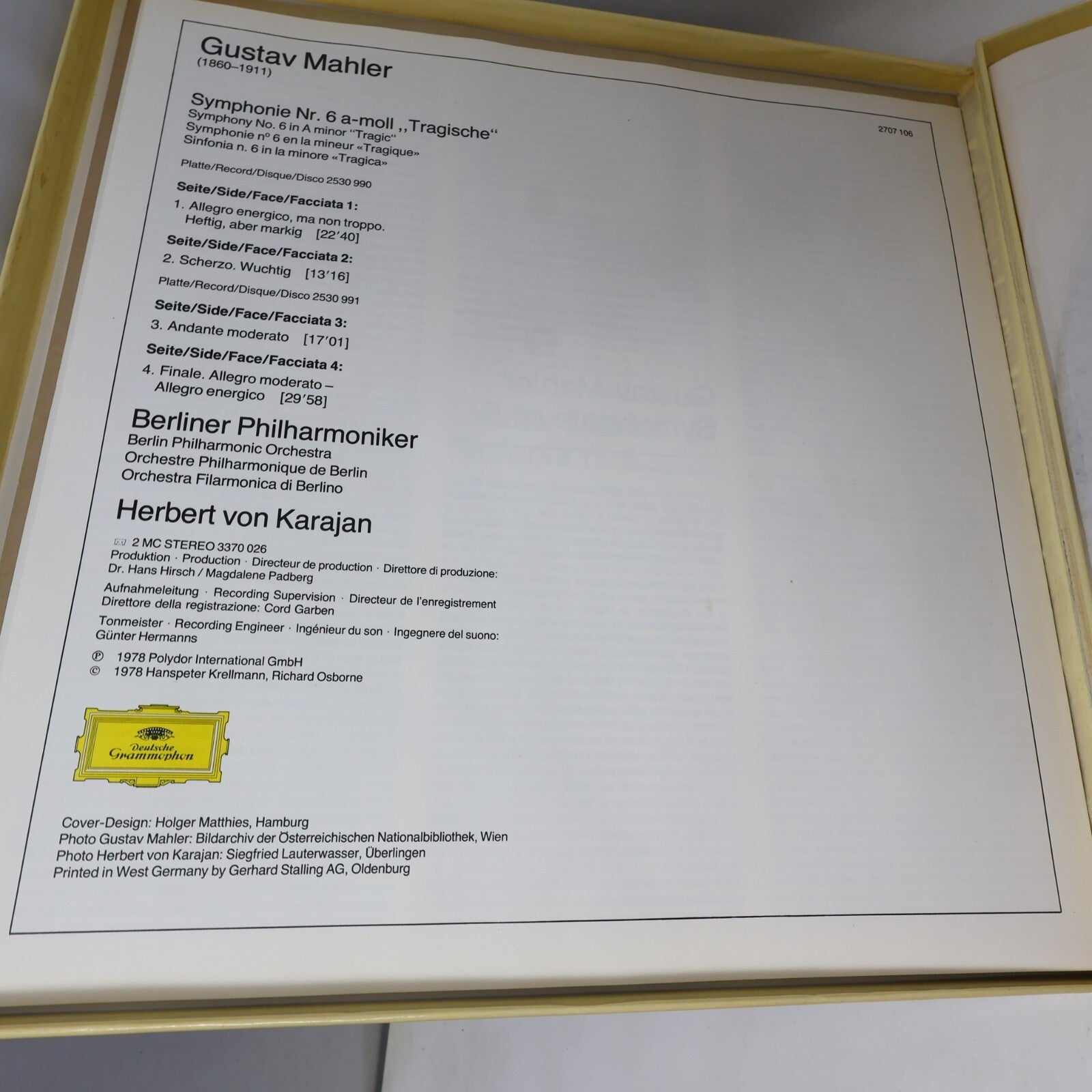 Herbert von Karajan Gustav Mahler Symphonie #6 Tragische 2x LP Record 2707 106