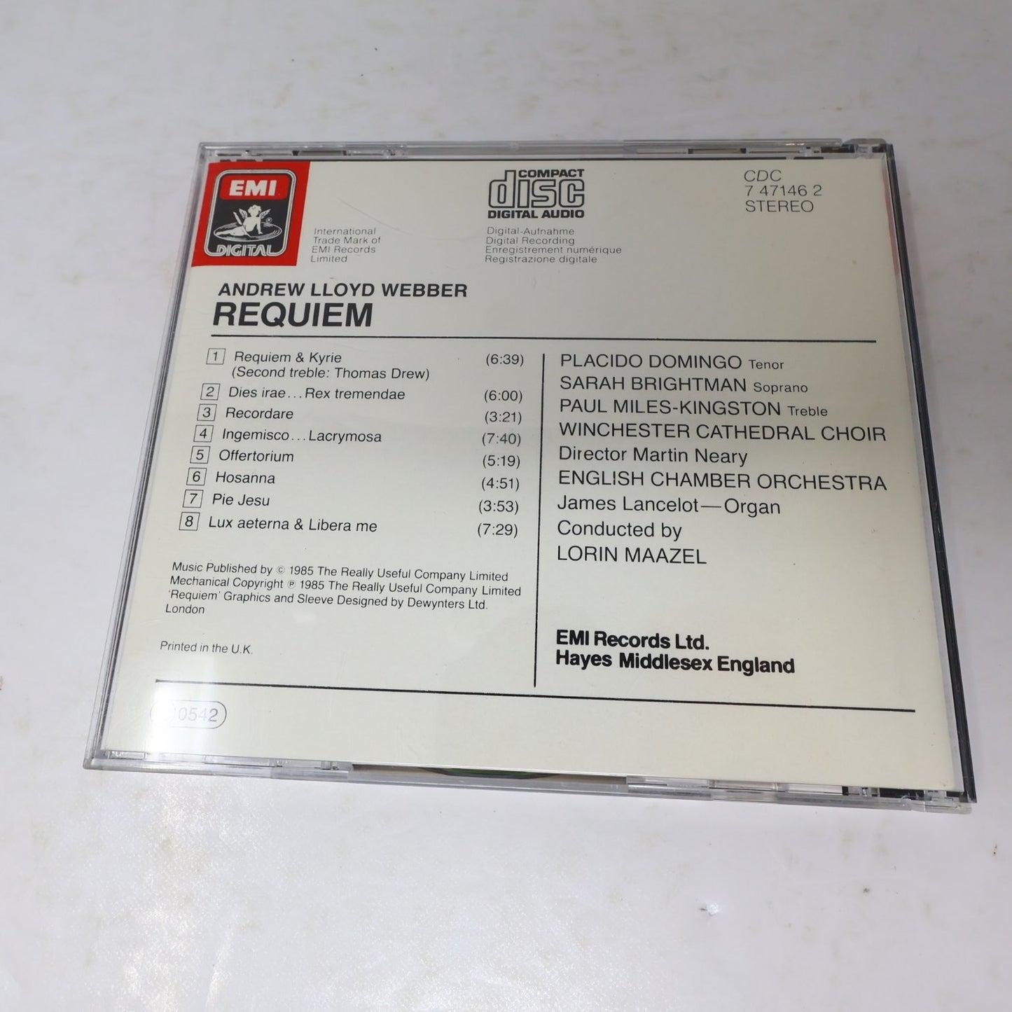 Andrew Lloyd Webber Requiem CD 1985 EMI Classical Lorin Maazel Placido Domingo