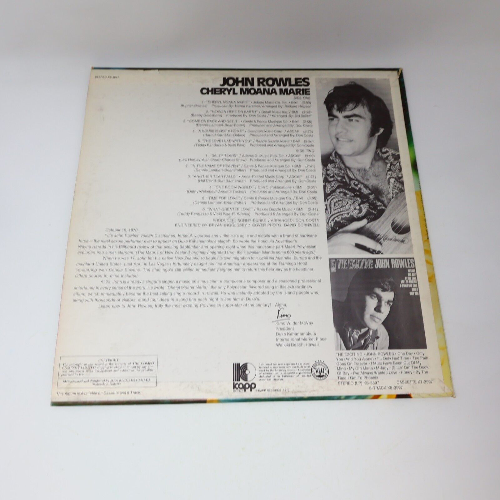 John Rowles Sings Cheryl Moana Marie LP Record Vinyl Canada KS 3637 Kapp 1970