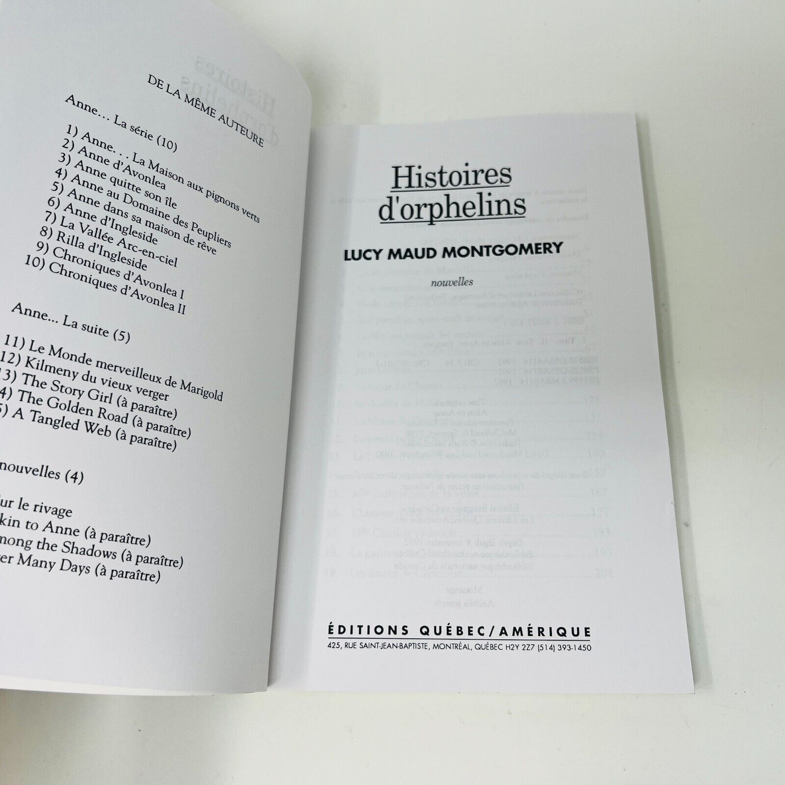 1992 Histoires d'Orphelins de Lucy Maud Montgomery Français Anne...Les Nouvelles