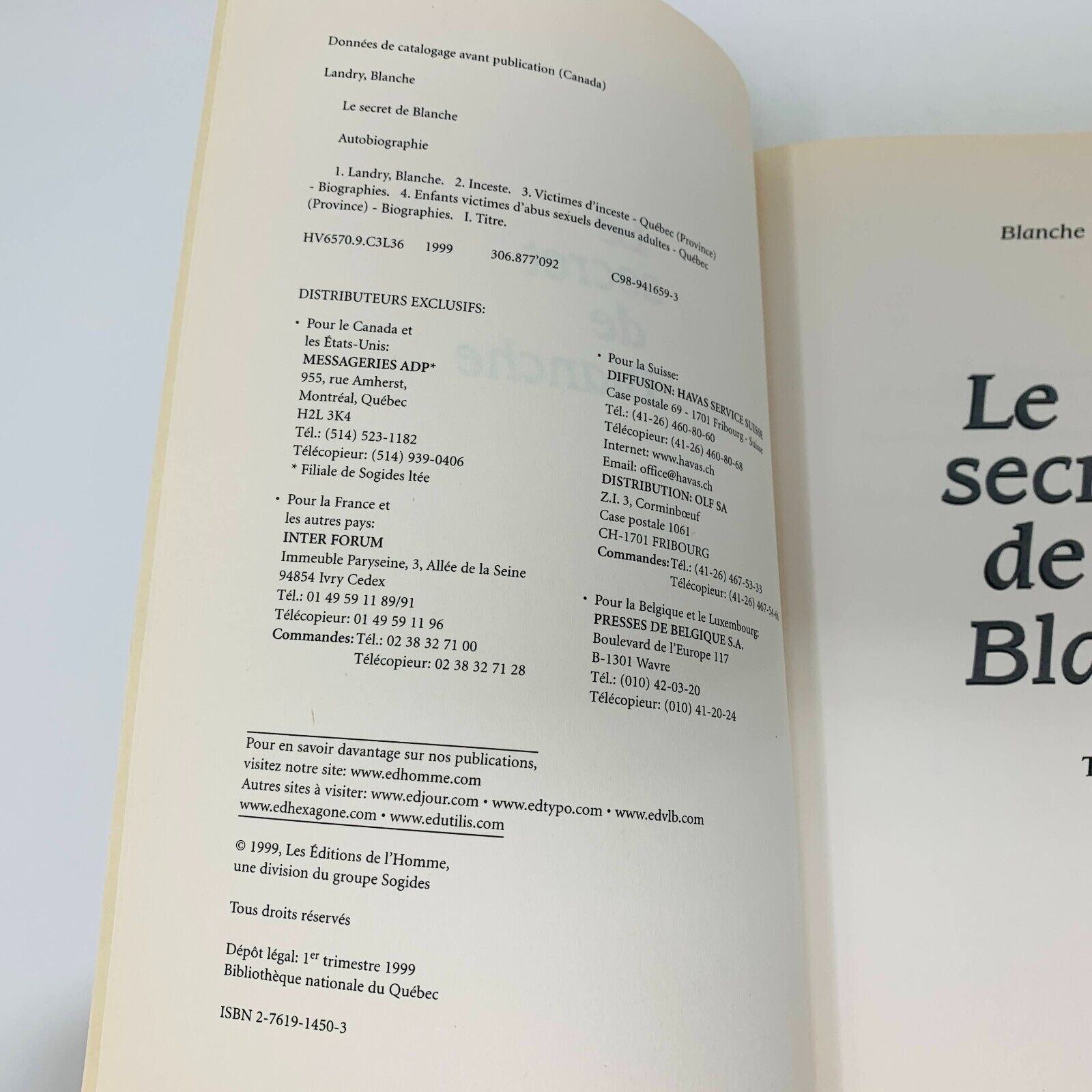 1999 Le Secret de Blanche Témoignage Blanche Landry Livre Victimes Abus Sexuels