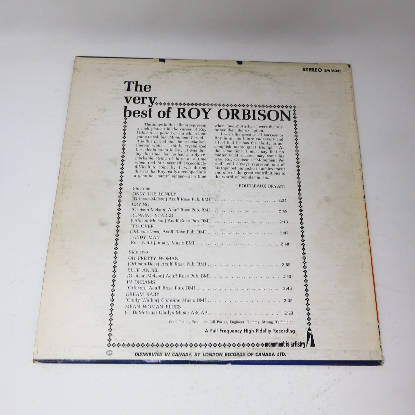 The Very Best Of Roy Orbison LP Record Vinyl Monument SM 18045 Canada 1960s