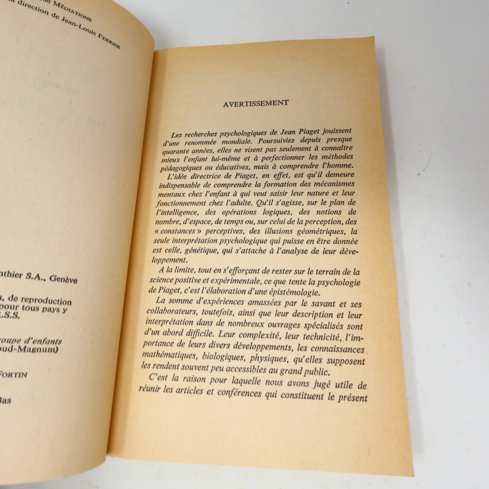 Jean Piaget Lot 2 Livres Psychologie de l'Intelligence/Six Études de Psychologie