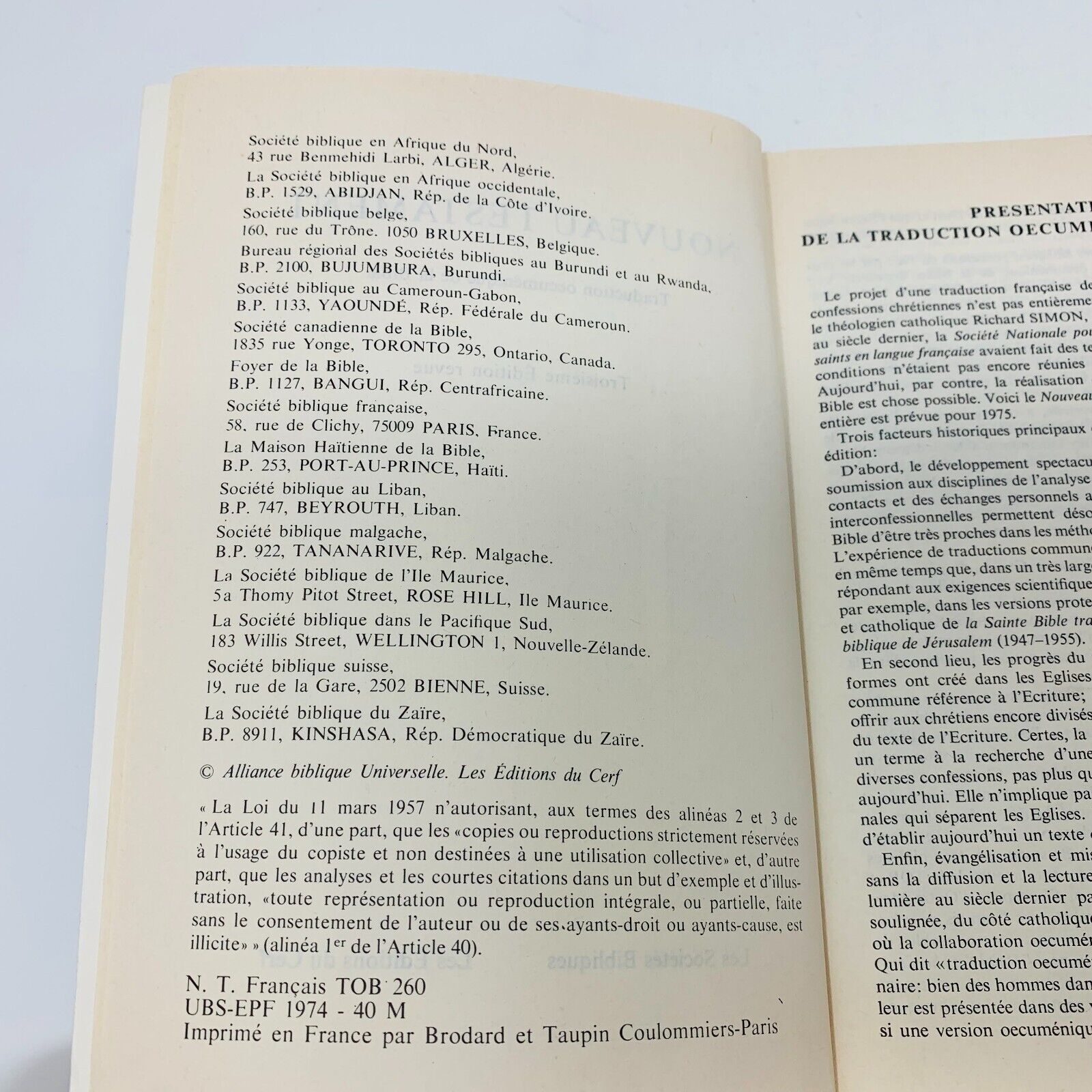 1974 Nouveau Testament TOB Sociétés Bibliques Éditions du Cerf Livre Religieux