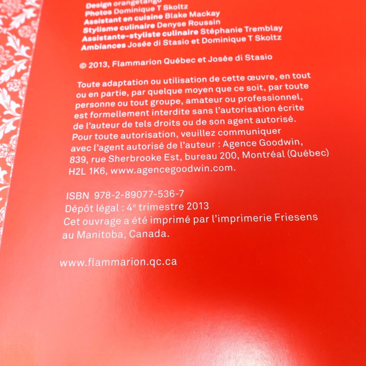 2013 Le Carnet Rouge de Josée Di Stasio Hardcover HC Flammarion Cuisine Recettes