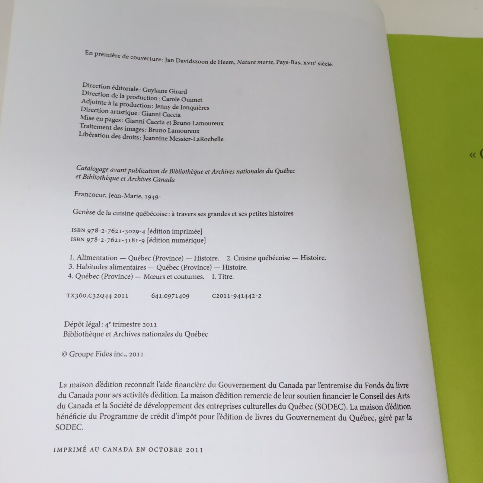2011 Genèse de la Cuisine Québécoise à Travers ses Histoires Fides Français HC