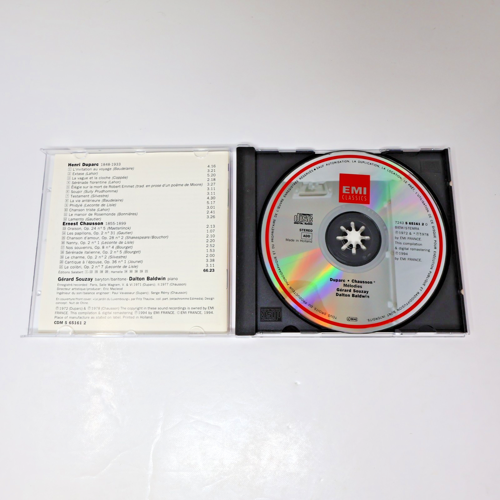 Henri Duparc/Ernest Chausson Mélodies CD Gérard Souzay/Dalton Baldwin EMI 1994