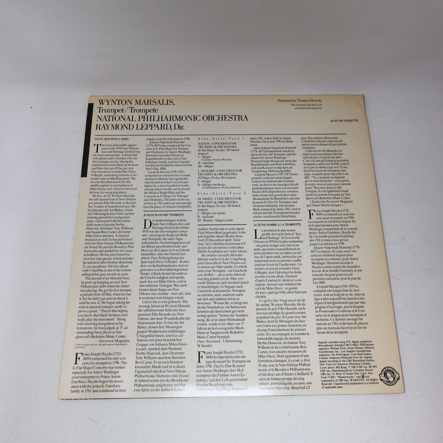 Wynton Marsalis Haydn Hummel Mozart Trumpet Concertos Raymond Leppard LP Record