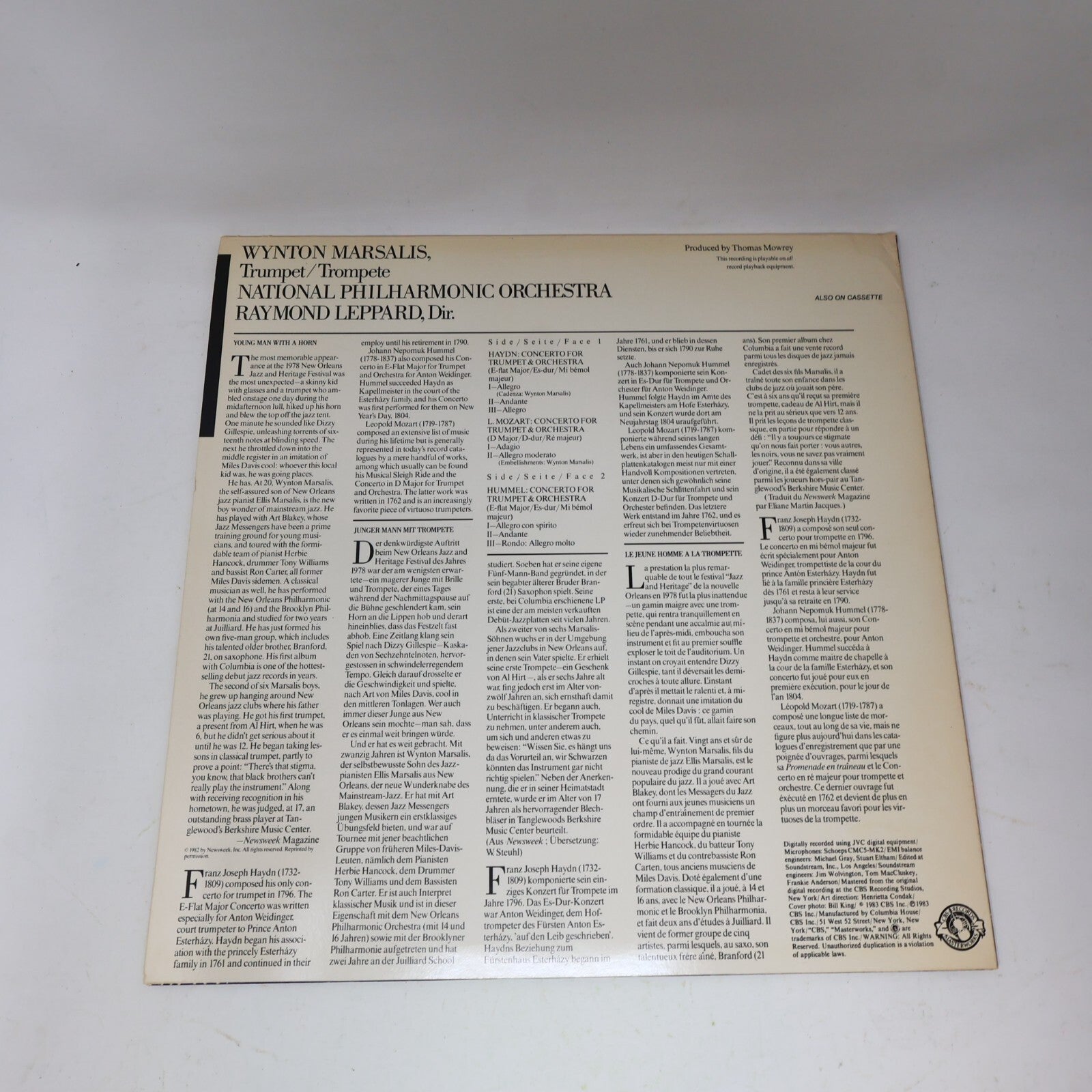 Wynton Marsalis Haydn Hummel Mozart Trumpet Concertos Raymond Leppard LP Record