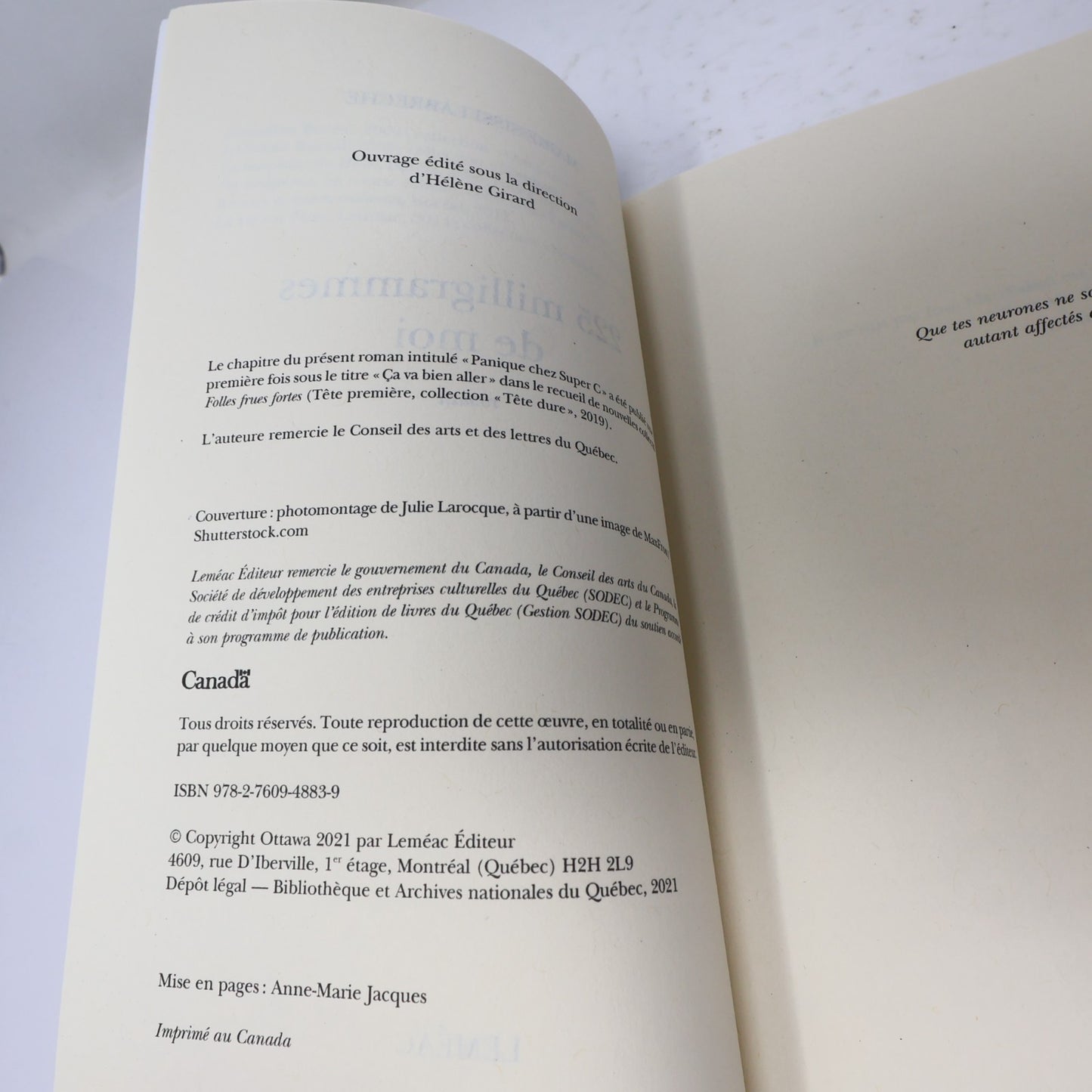 225 Milligrammes de Moi Marie-Sissi Labrèche Leméac 2021 PB Français French Book
