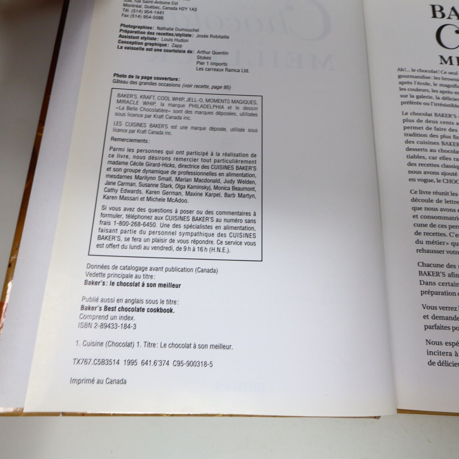 1995 Baker's le Chocolat à son Meilleur Desserts Cuisine Recettes Brimar Livre