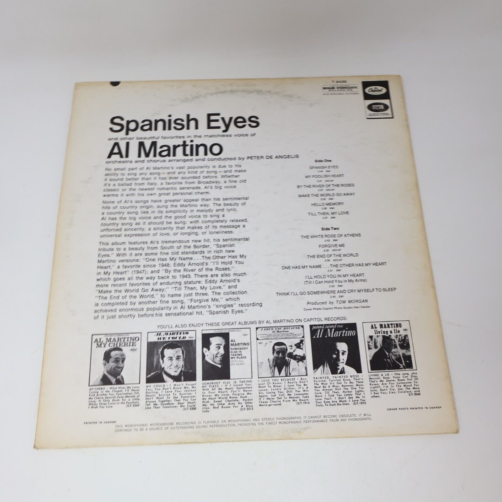 Al Martino Spanish Eyes LP Record Vinyl 1966 T-2435 Capitol Canada Hello Memory