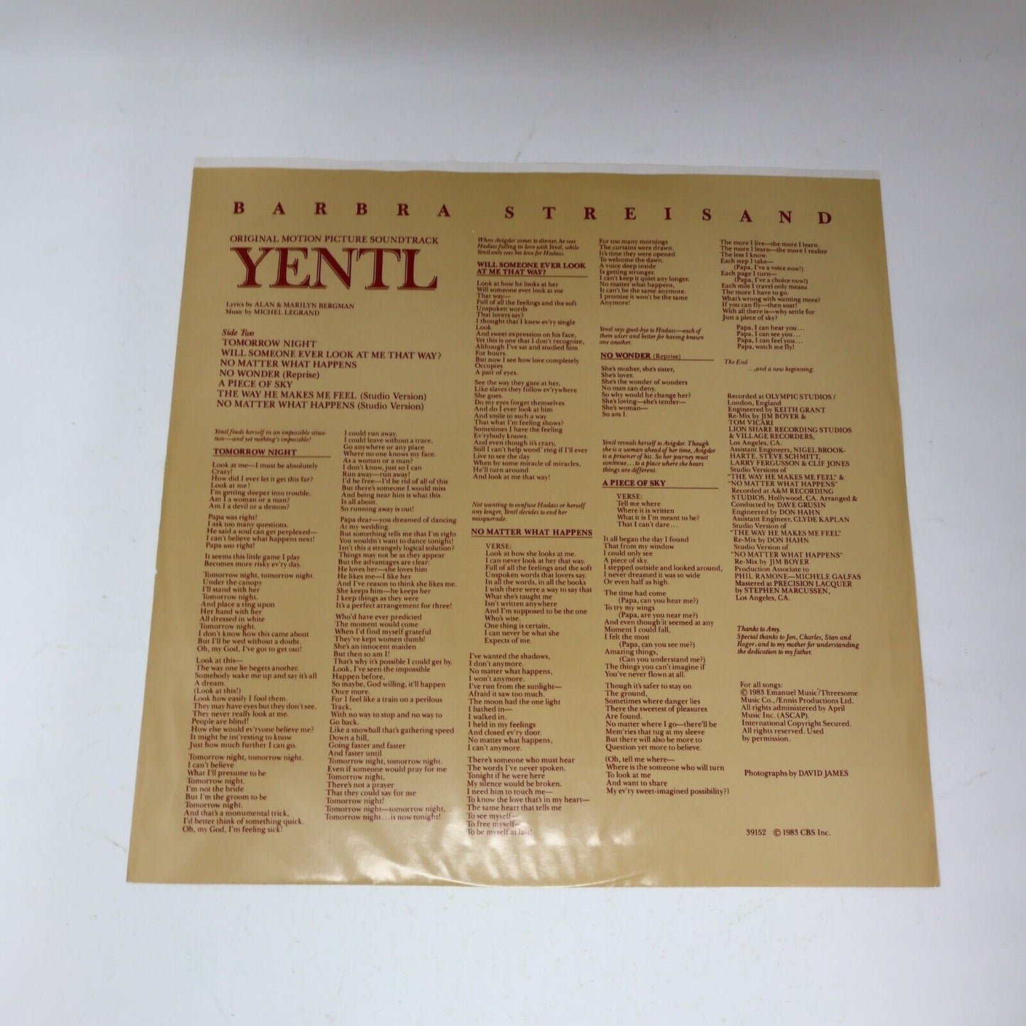 Barbra Streisand Yentl Movie Soundtrack LP Record Vinyl 1983 Columbia JS 3915