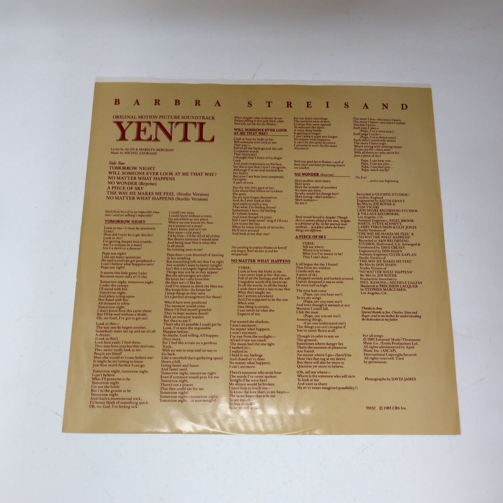 Barbra Streisand Yentl Movie Soundtrack LP Record Vinyl 1983 Columbia JS 3915