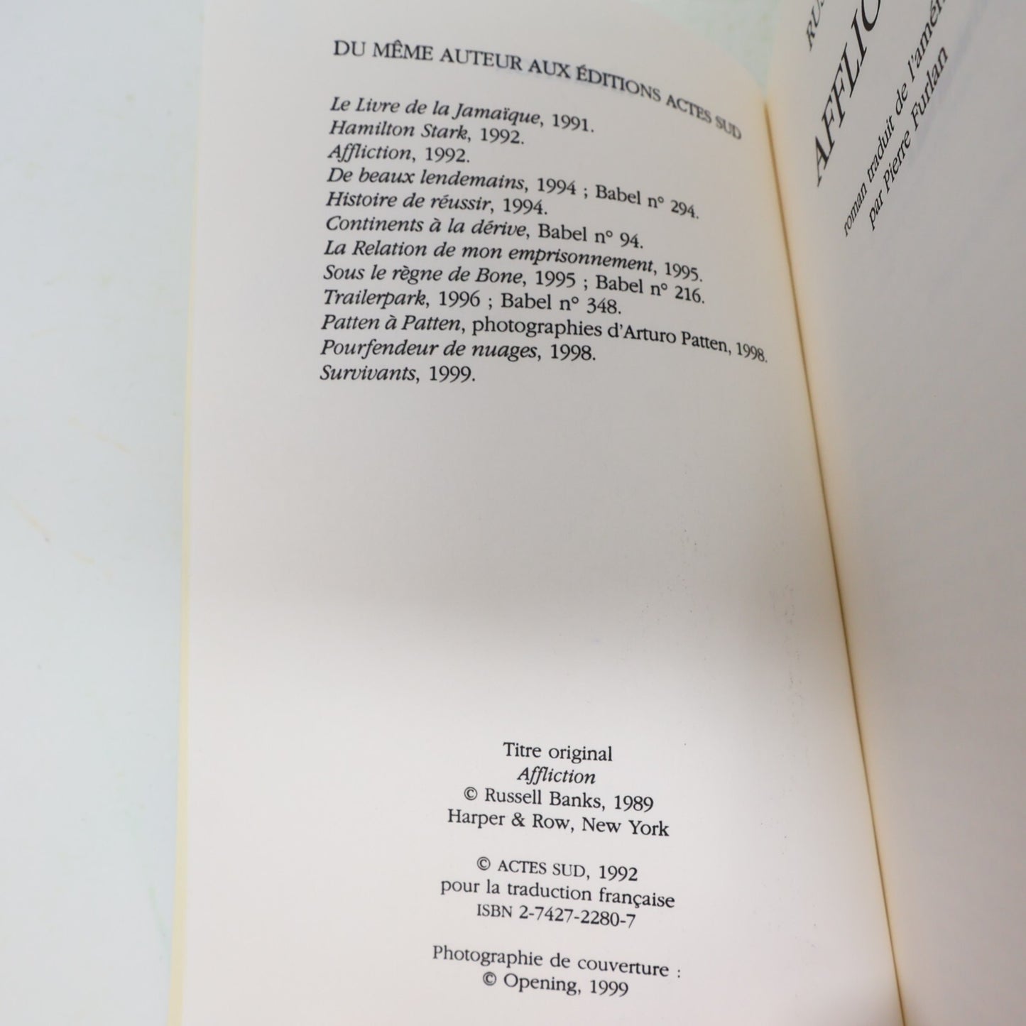 2000 Affliction Russell Banks Babel Littérature Américaine Roman États-Unis PB