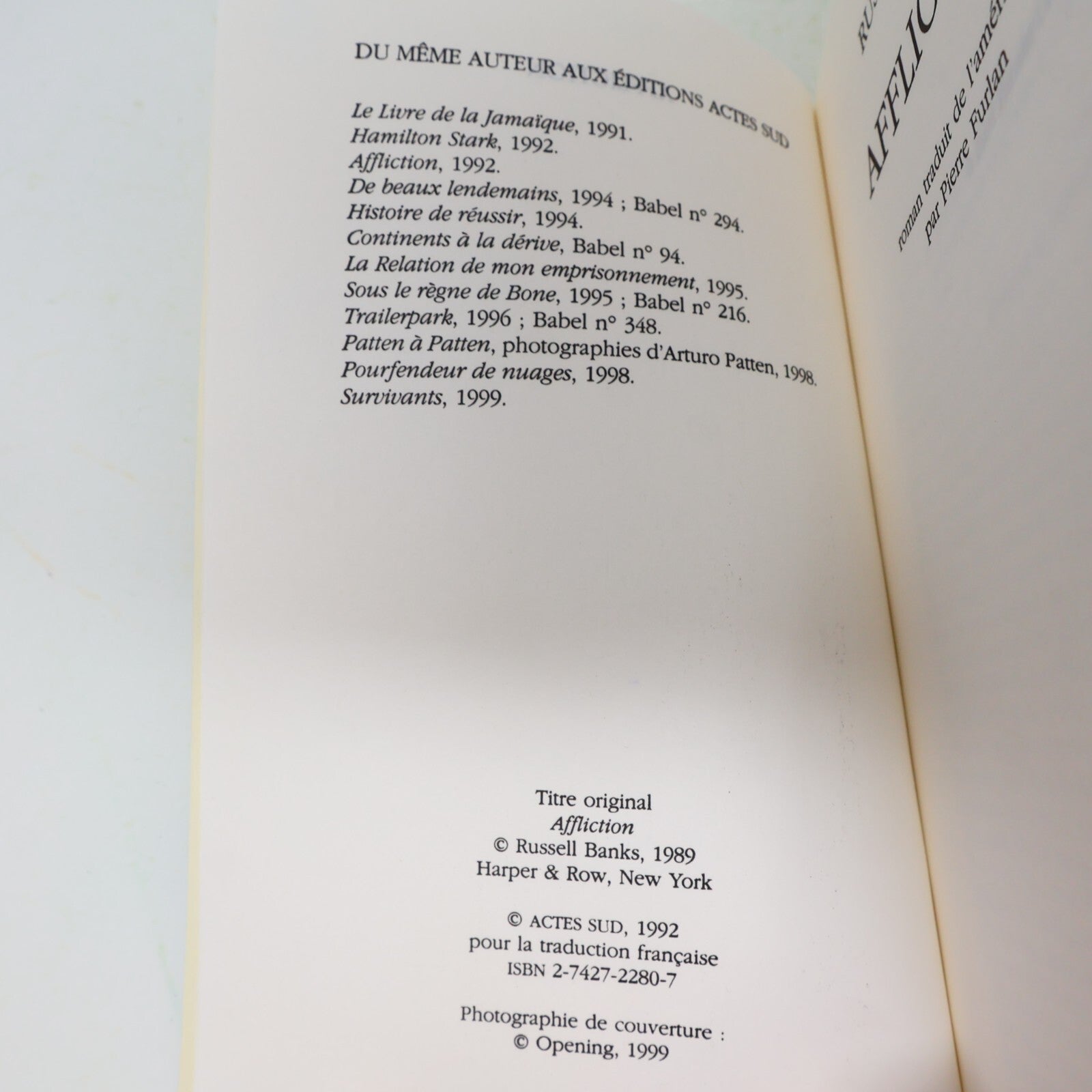 2000 Affliction Russell Banks Babel Littérature Américaine Roman États-Unis PB