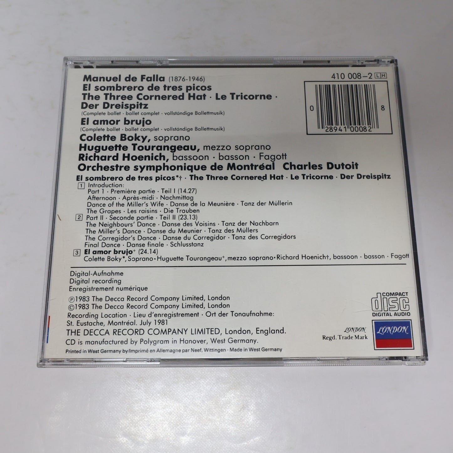 Manuel De Falla CD The Three Cornered Hat/El Amor Brujo Charles Dutoit/OSM/Boky